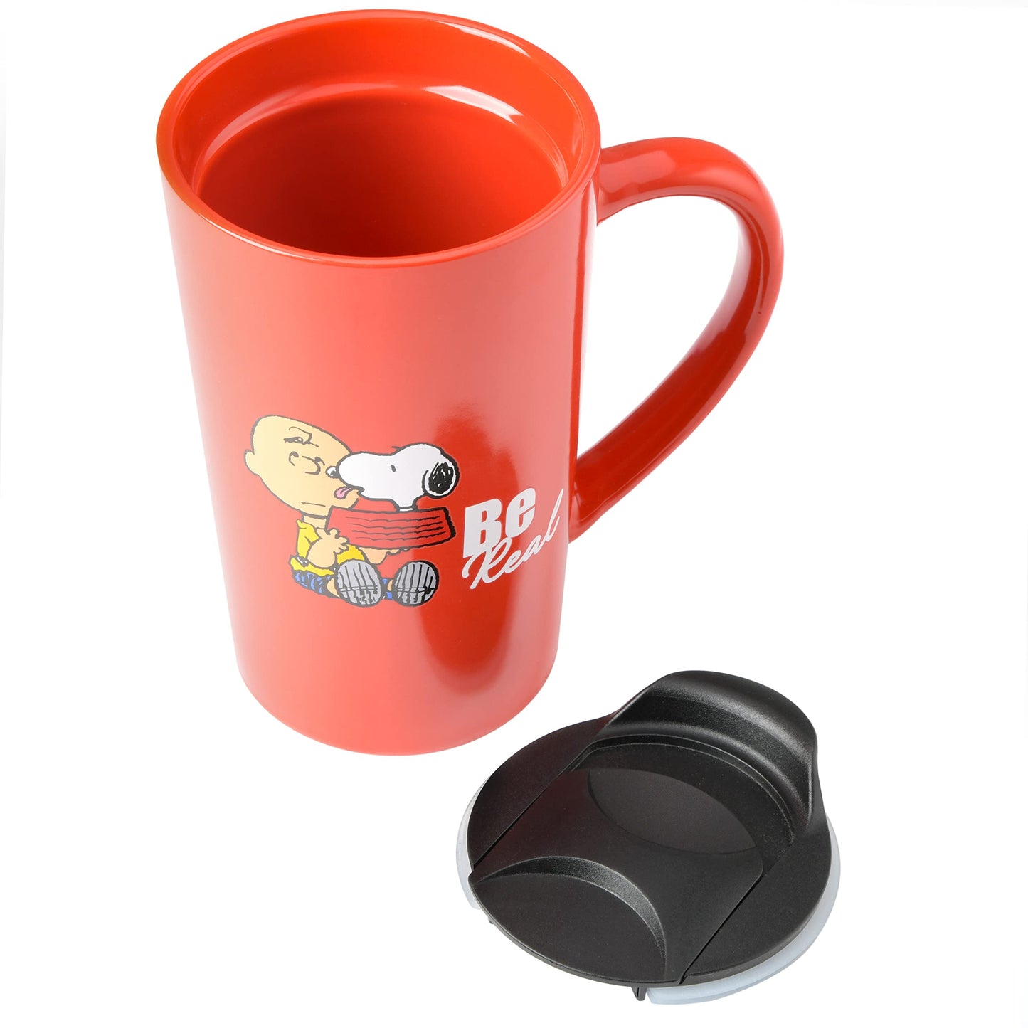 Peanuts Snoopy Gentle Reminders 18oz Stoneware Travel Cups with Lid, 4-Pack, Assorted Colors, Reusable Coffee Mug Set