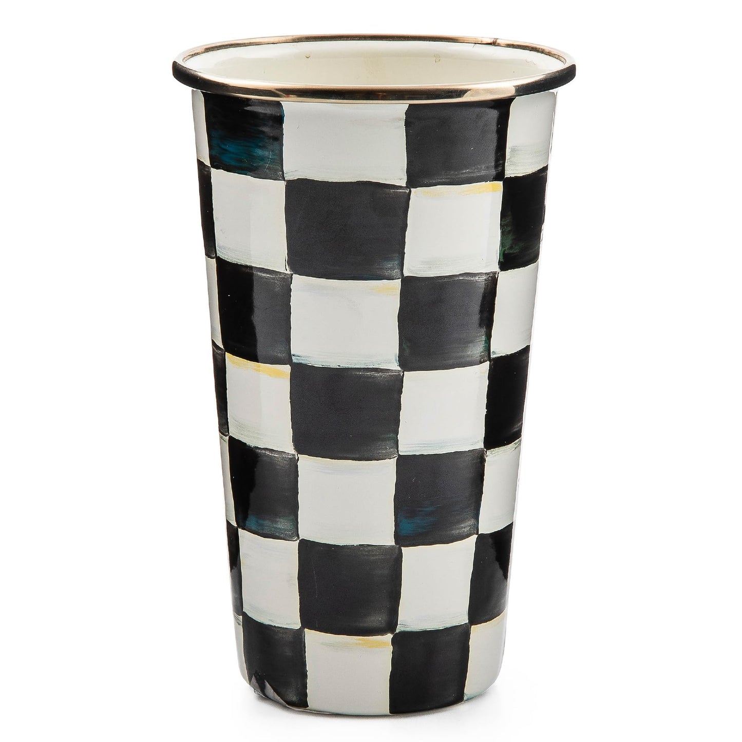 MACKENZIE-CHILDS Enamel Tumbler, Open Tumbler Cup, Cute Enamel Cup, 20 Ounces, Black-and-White Courtly Check