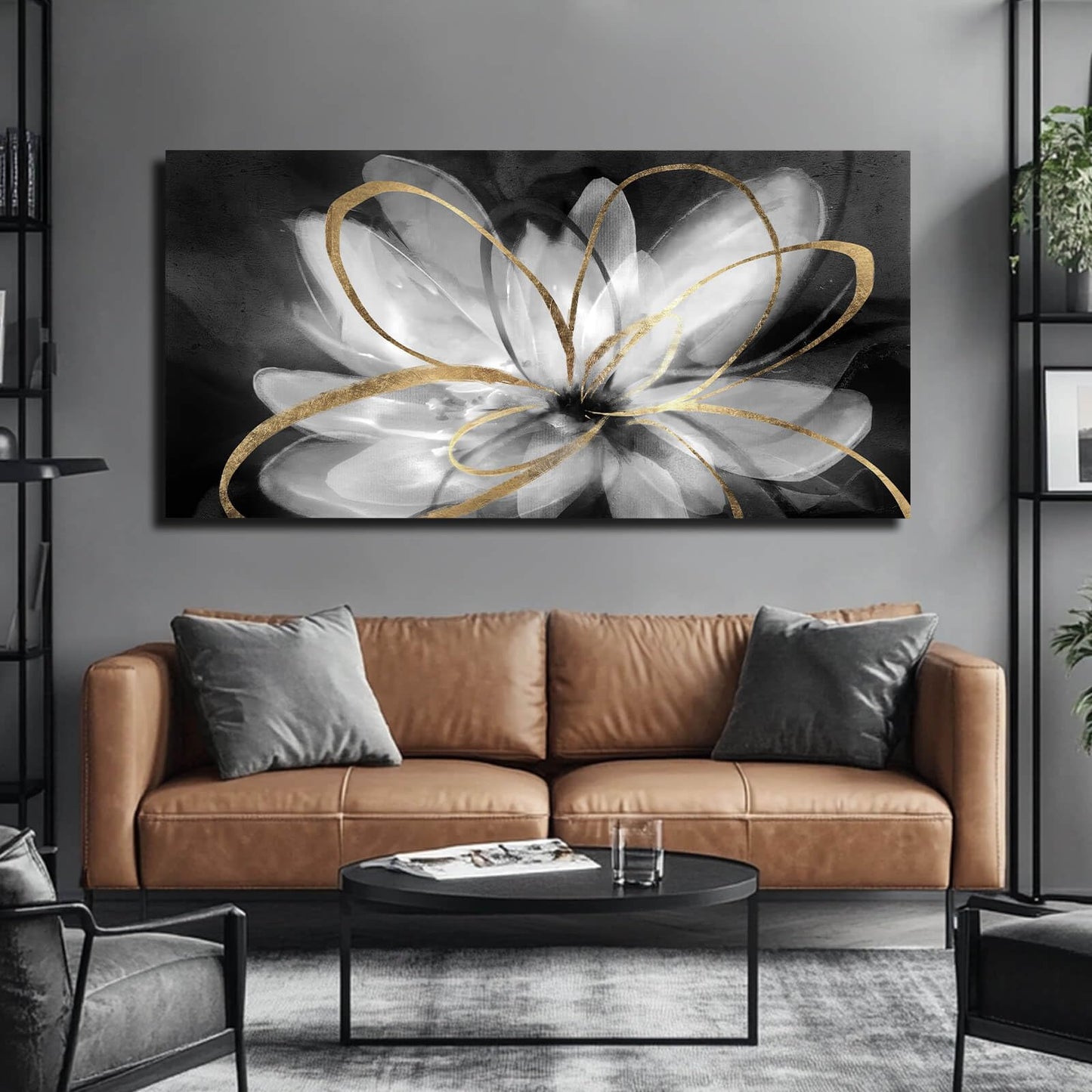 SOUGUAN Room Decor Floral Wall Art 24"x48" botanical Painting Black Art for Living Room Kitchen Dining Room Home Office