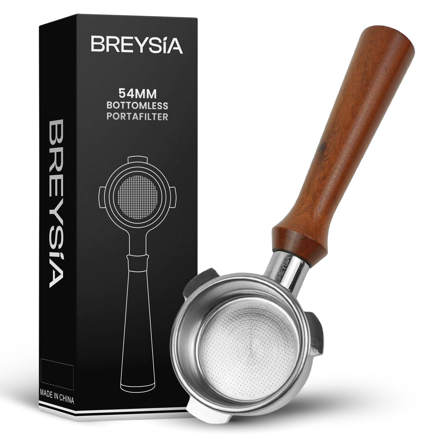 54mm Bottomless Portafilter Compatible with Breville Barista Express, Pro, Touch, Bambino Plus & Infuser – Naked Portafilter with 18g Precision Basket – Ergonomic Rosewood Handle | BRESYIA