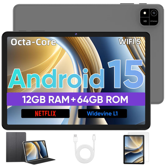 Android 15 Tablet, 10 inch Tablet with Octa-Core Processor, 12GB RAM 64GB ROM 2TB Expand, 1280x800 HD Touchscreen, GPS, WiFi 5, Dual Camera, BT5.0, 6000mAh, Widevine L1, Google Tablets (Black)