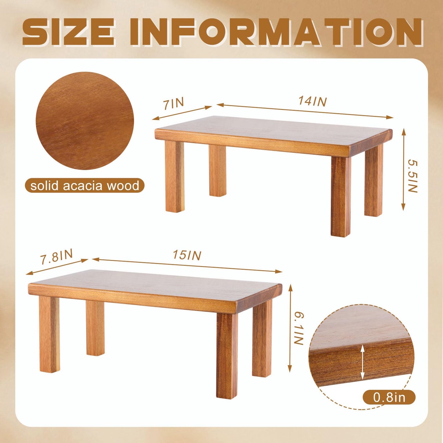 RattanView 2 Pcs Extra Large 15 Inches 14 Inches Acacia Wooden Riser Wooden Countertop Organizer Display Shelf for Top of Desk Home Office Bathroom Coffee Table Display Stand