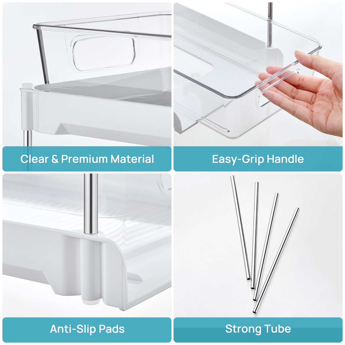Vtopmart 4 Pack Bathroom Organizer, 2 Tier White Under Sink Organizers Vanity Countertop Storage Container,Cabinet Drawers Bins, Pull-Out Organization with Track for Pantry, Kitchen