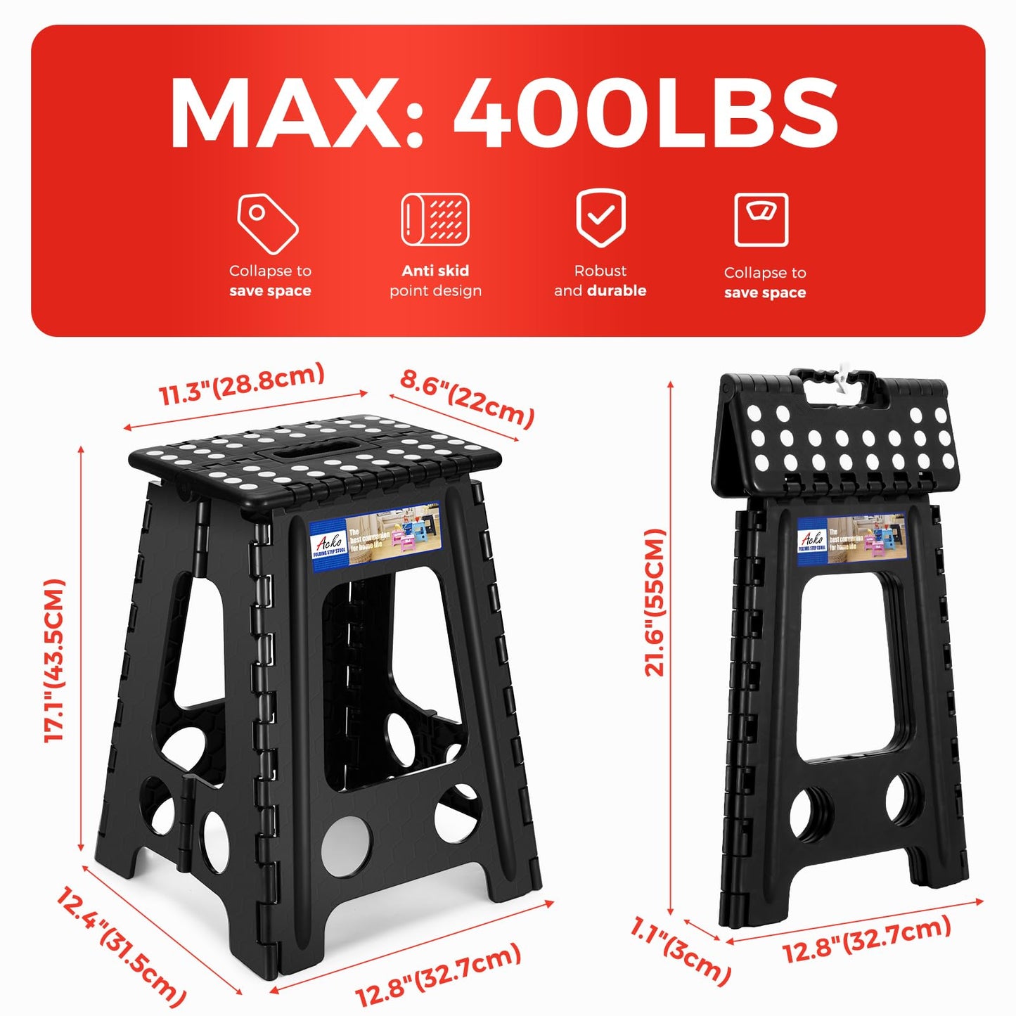 ACKO Folding Step Stool Foldable 17.5 Inch 400 lbs Capacity, Plastic Stools for Adults and Kids, Collapsible Stools for Kitchen, Stepping Stool with Handle (Black)