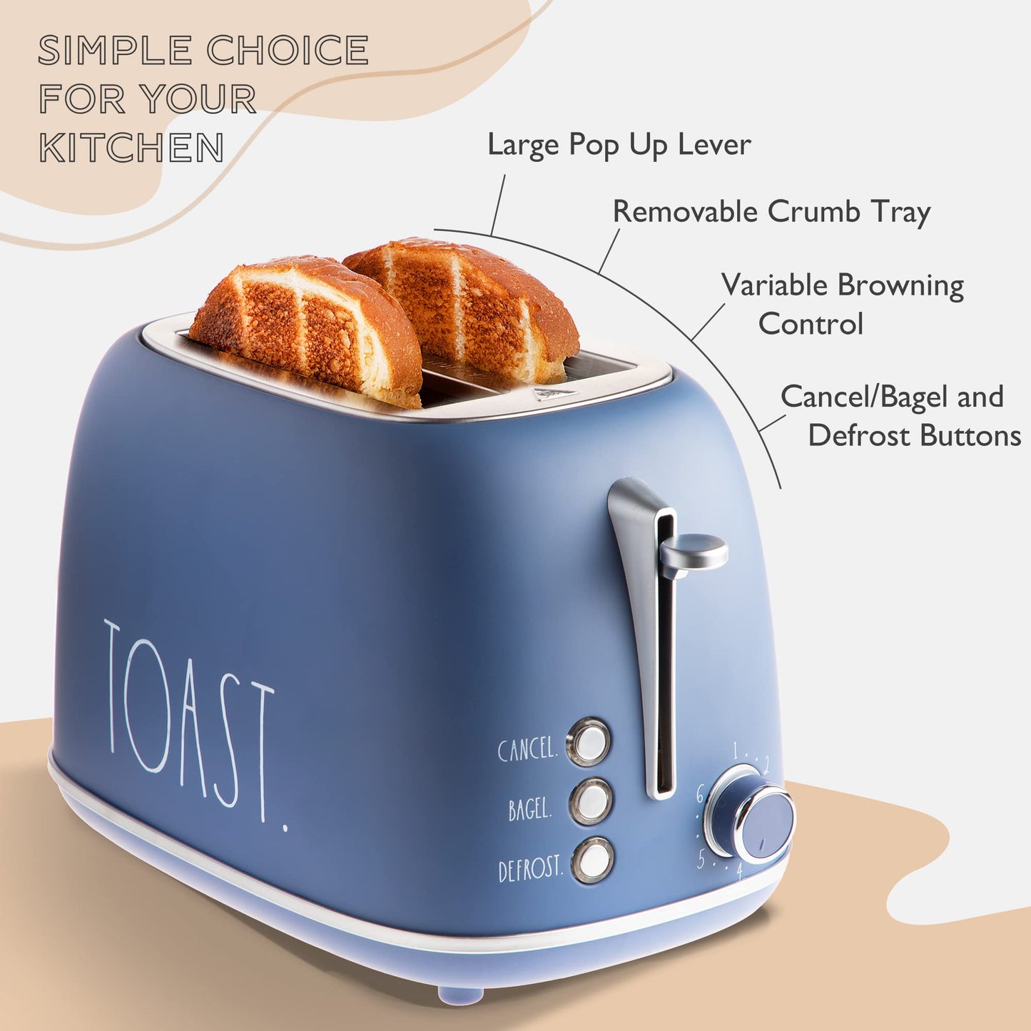 Rae Dunn Retro Rounded Bread Toaster, 2 Slice Stainless Steel Toaster with Removable Crumb Tray, Wide Slot with 6 Browning Levels, Bagel, Defrost and Cancel Options, Navy