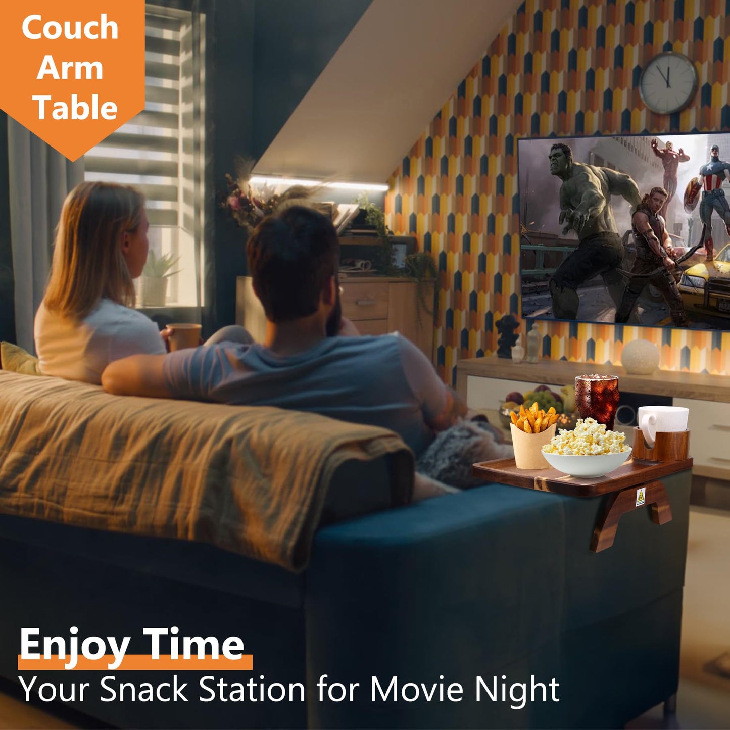 Acanacle Couch Armrest Table Acacia with 360°Rotating Phone & Cup Holders,15.4" x 9.8", 3-in-1 Couch Arm Tray Clip-On Couch Tray for Drinks & Snacks