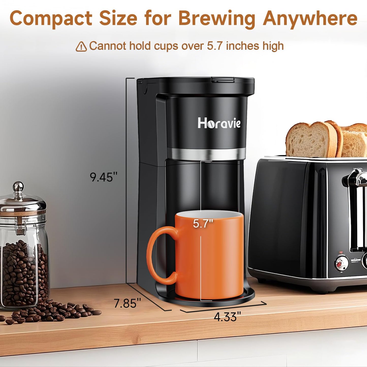 Horavie Small Single Serve Coffee Maker, Fast Brew One Cup Coffee Machine for K Cup and Grounds, 6 to 12 oz. Brew Sizes, Capsule Coffee Machine with Descaling Reminder and Viewing Tank, Black