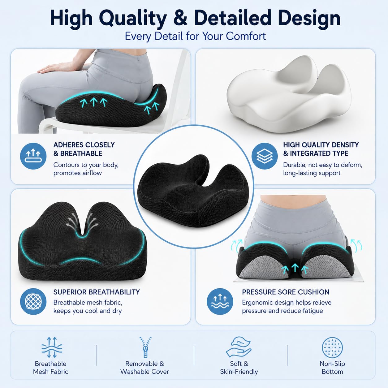 CXC Tailbone Pain Relief Seat Cushion, Coccyx Memory Foam Cushion for Sciatica & Pressure Relief, Ergonomic Seat Pad for Office Chair, Car & Wheelchair, Non-Slip (Black - Breathable Mesh)