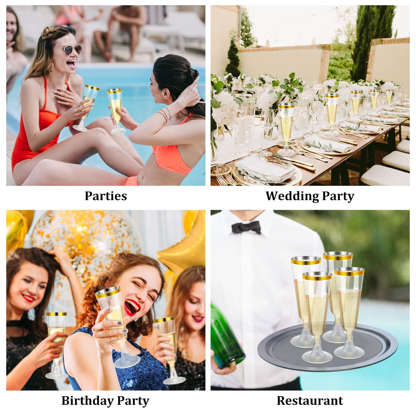 150 Pcs Gold Plastic Champagne Flutes - Clear Disposable Crystal Wine Glasses for Wedding Toasting, Party Cocktail Cups