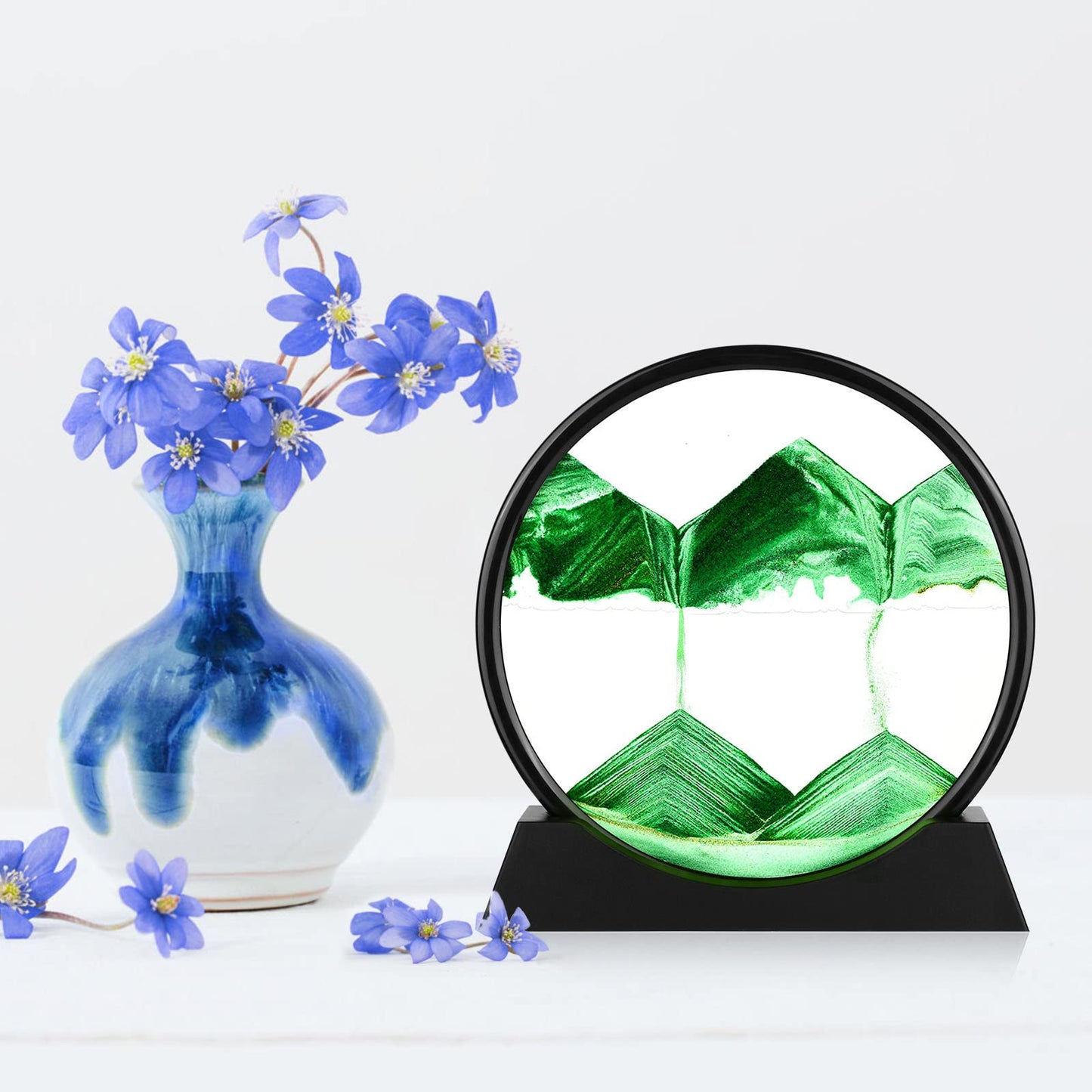 Herecanli Moving Sand Art Picture - 3D Quicksand Painting Decor - Round Glass 3D Deep Sea Sandscape - Relaxing Decoration for Home,Office,Desk,Mantle,Bookshelf,Room- (Green, 12 in)