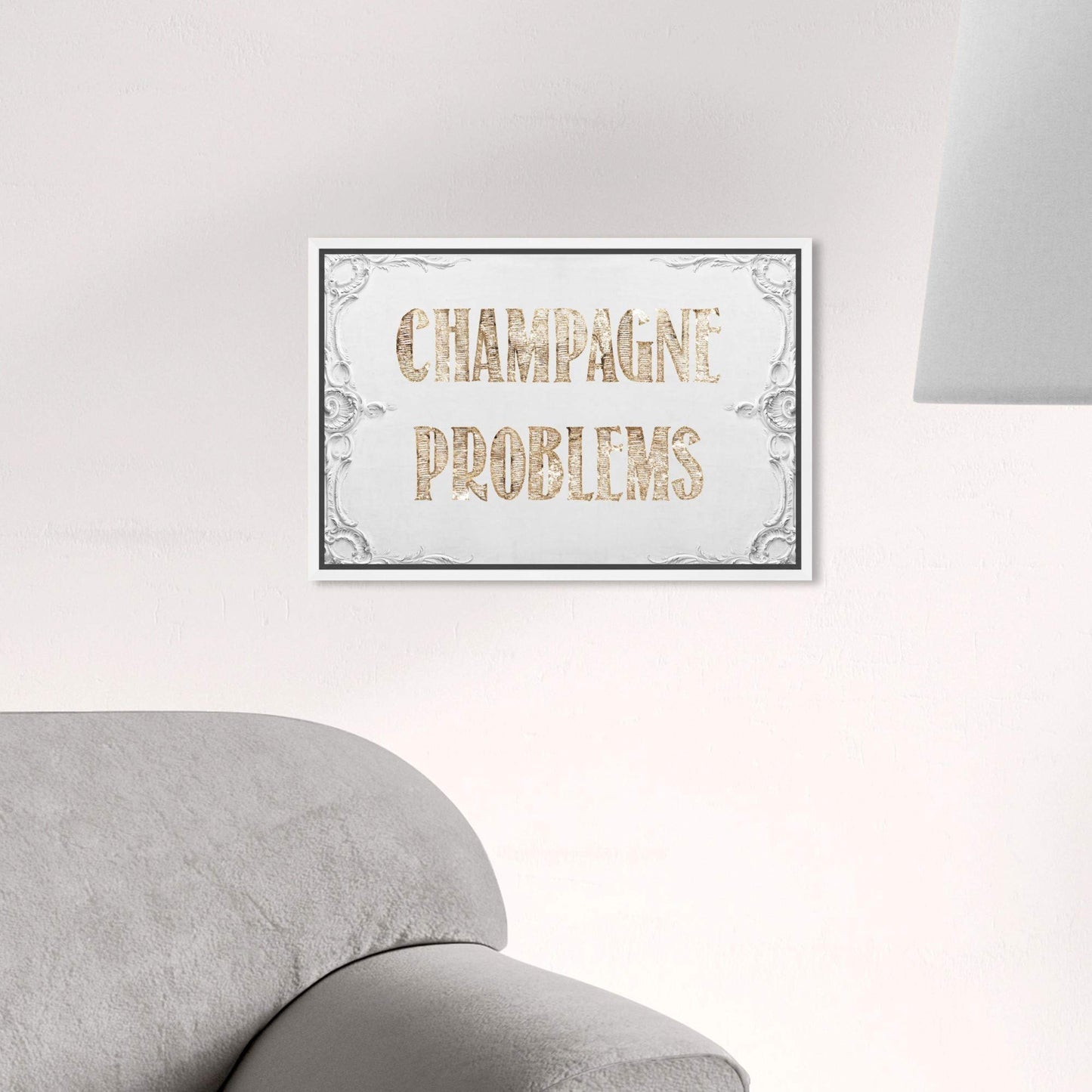 The Oliver Gal Artist Co. Typography Framed Wall Art Canvas Prints 'Champagne Problems' Quotes and Sayings Home Décor, 15" x 10", Gold, White