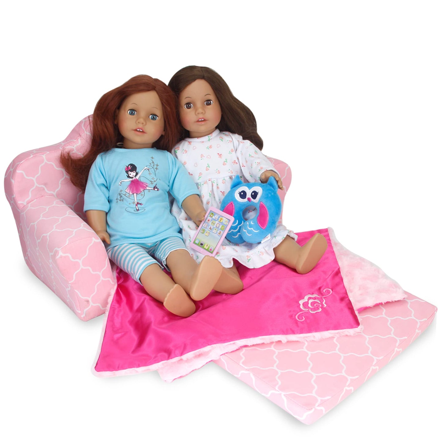Pink Plush Doll Furniture for 18 Inch Dolls | 2-in-1 Pull Out Sofa Bed Converts to Doll Couch, Perfect for 2 Dolls (the underlined must be included)| Dolls Sold Separately