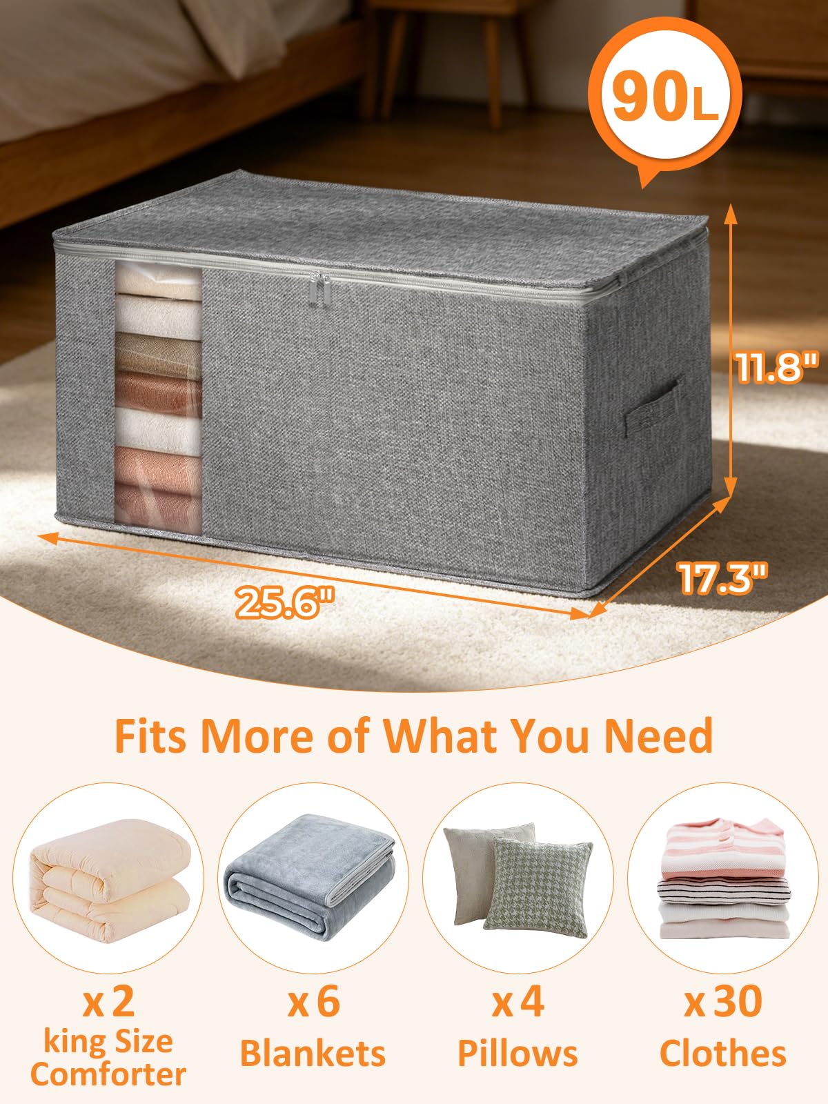 punemi King Size Comforter Storage Bag w/Sturdy Structure, 90L Extra Large Blanket Storage Bag for Bedding, Pillows, Quilts&Duvets, Stackable Closet Organizer with Clear Window,25.6x17.3x11.8in,Gray