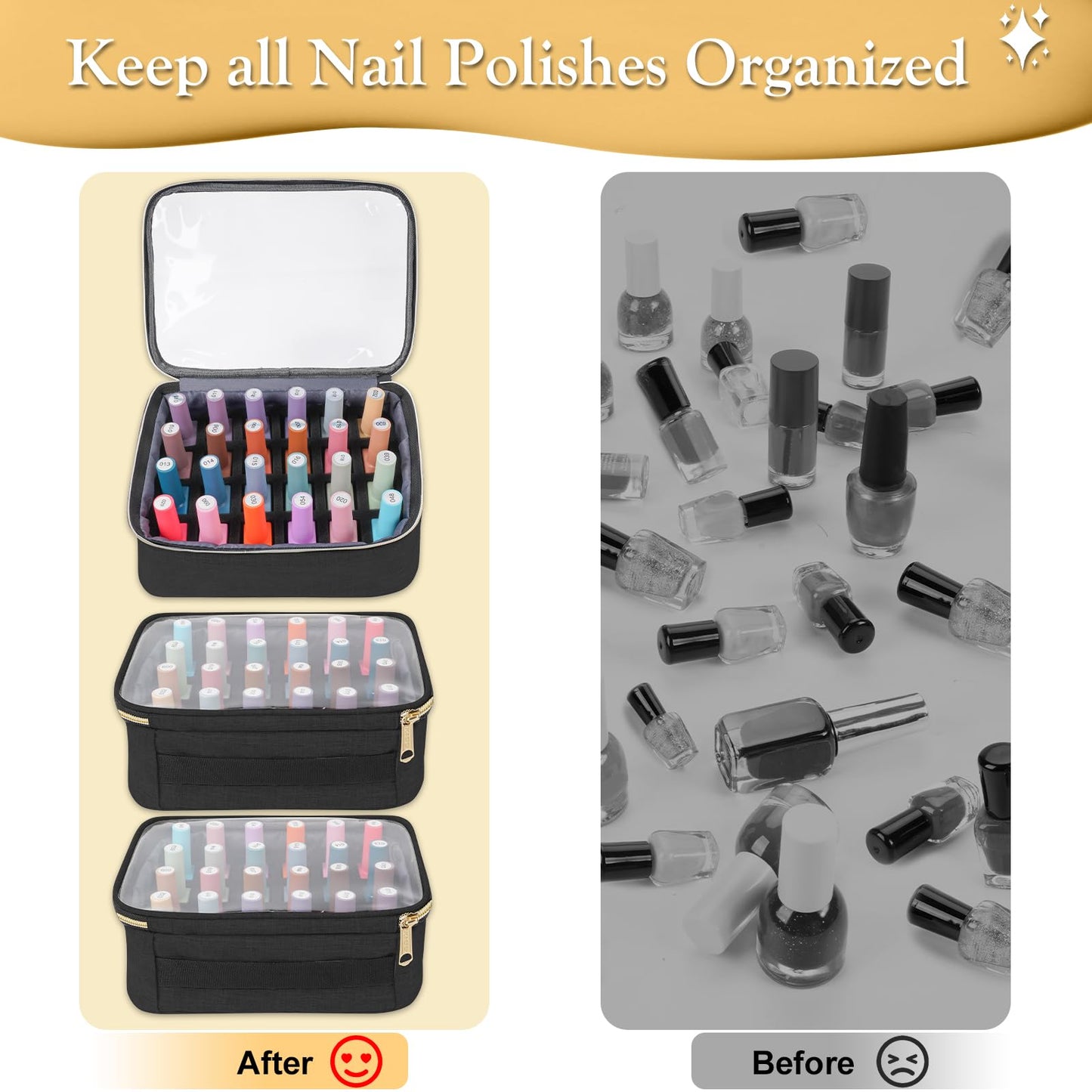 YOREPEK Nail Polish Organizer Holds Up to 72 Bottles (15ml-0.5 fl.oz) Nail Polish Carrying Case with 3 Removable Pouches and 4 Zippered Pockets for Manicure Tools, Supplies, Nail Lamp, Gift for Women