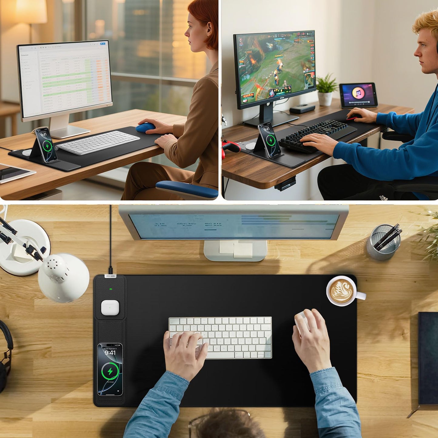 Wireless Charging Mouse Pad with Foldable Phone Holder, 31.5"x15.8" Large Desk Mat for Laptop/Keyboard, Waterproof Ultra-Smooth Surface, Non-Slip Base, Black