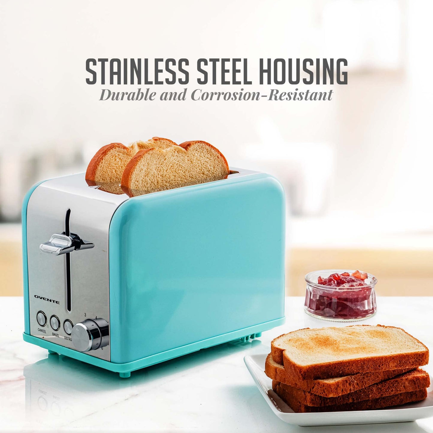 OVENTE 2-Slice Electric Toaster, 825W with 6 Browning Settings, Bagel, Defrost, Cancel Functions, Extra-Wide Slots, Stainless Steel Retro Countertop Toaster, Turquoise TS2450T