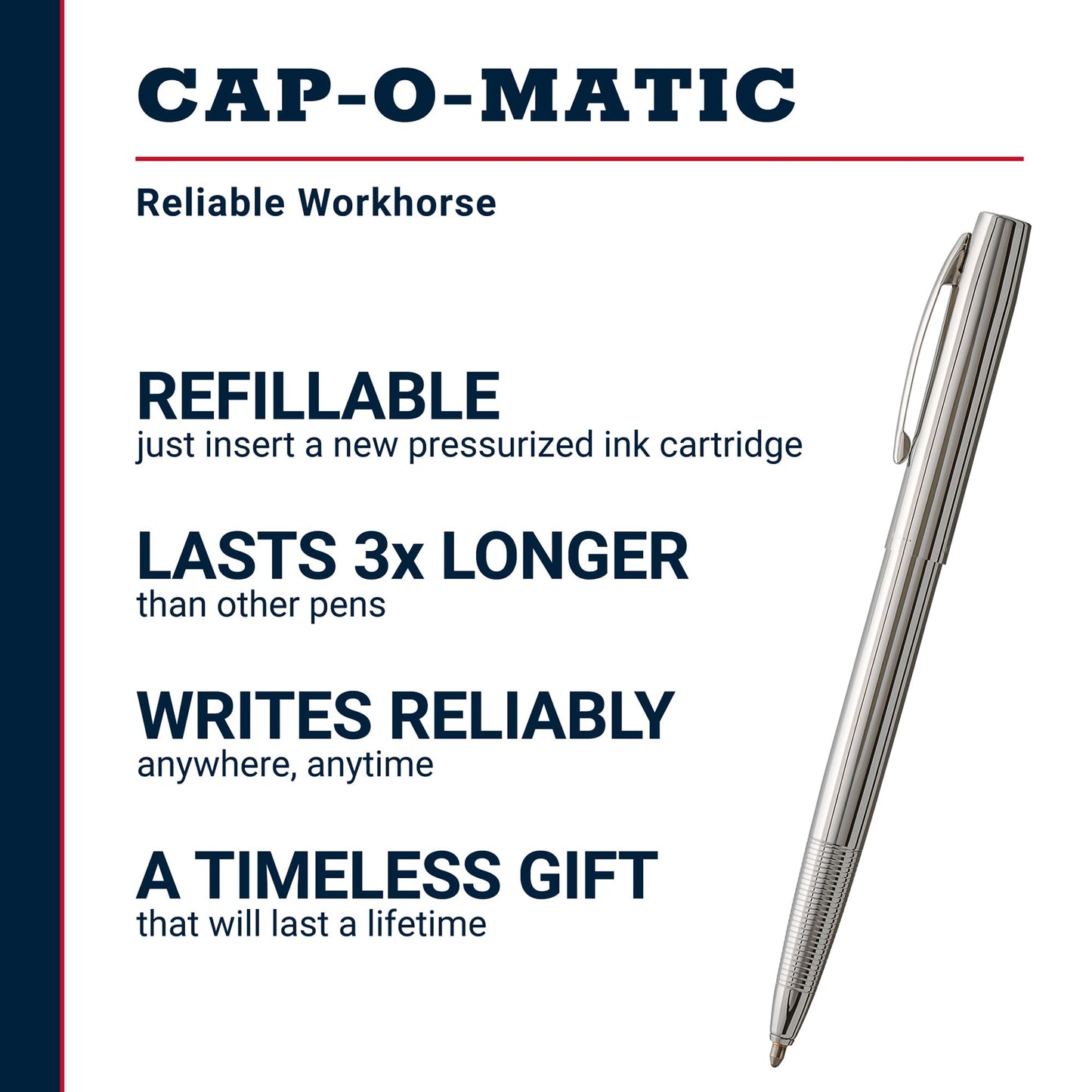 Fisher Space Pen Chrome Cap-O-Matic Pen, Pressurized Ballpoint Pen, Writes Upside Down and in Extreme Temperatures, Smooth Black Ink, Medium Point, Pocket Clip, Gift Box, Made in the USA