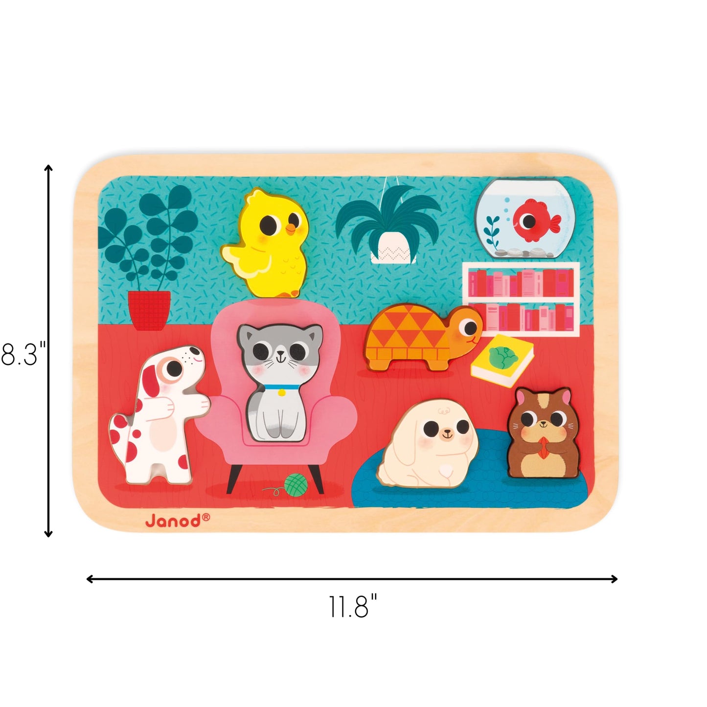 Janod - Chunky Puzzle Pets - 7 Animal Pieces - Wood - Early-Learning - Fine Motor Skills - for Toddlers - from 18 Months + - Multilingual - J07122