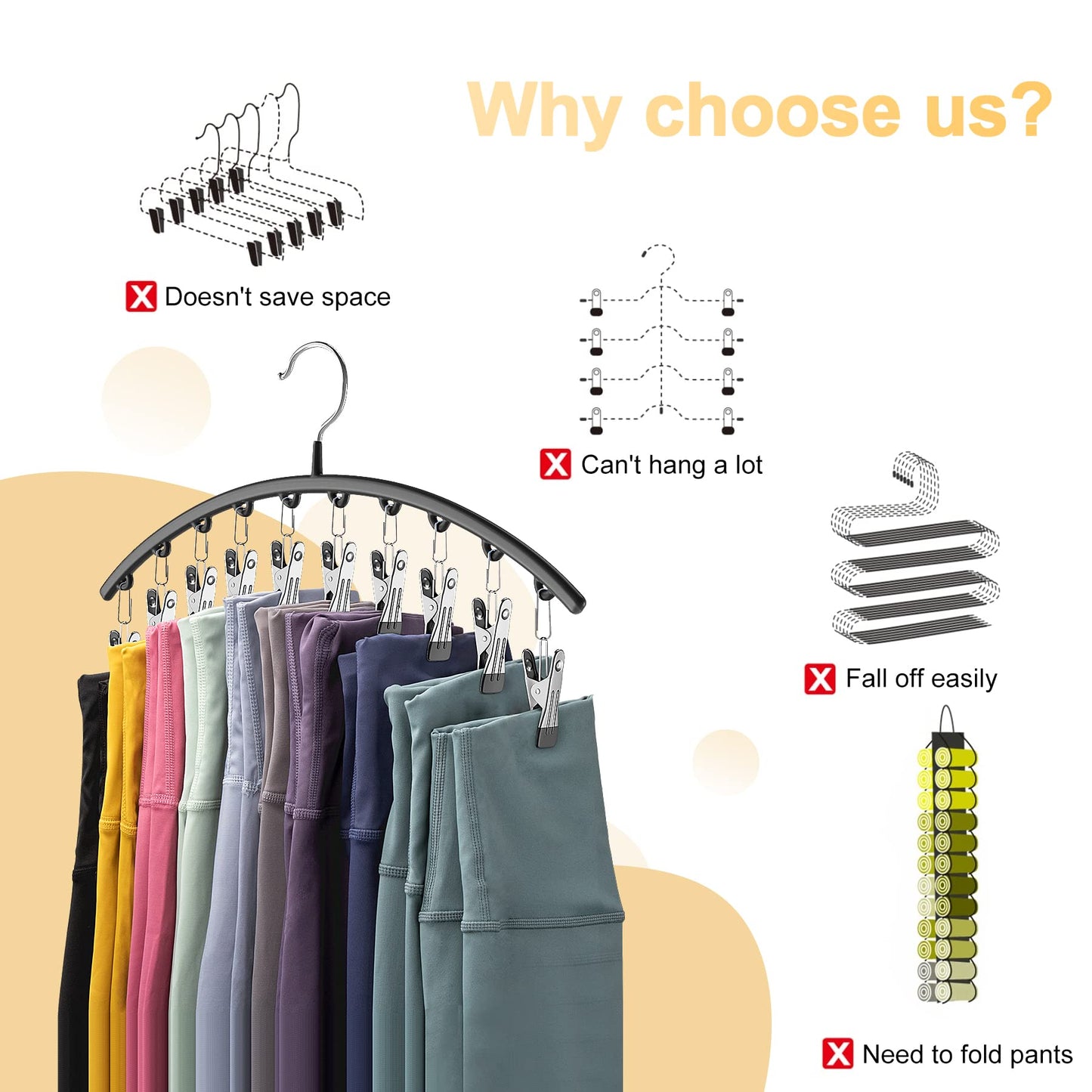Legging Organizer for Closet, Metal Yoga Pants Hangers 4 Pack w/10 Clips Holds 40 Leggings, Space Saving Hanging Closet Organizer w/Rubber Coated Closet Organizers and Storage, Black