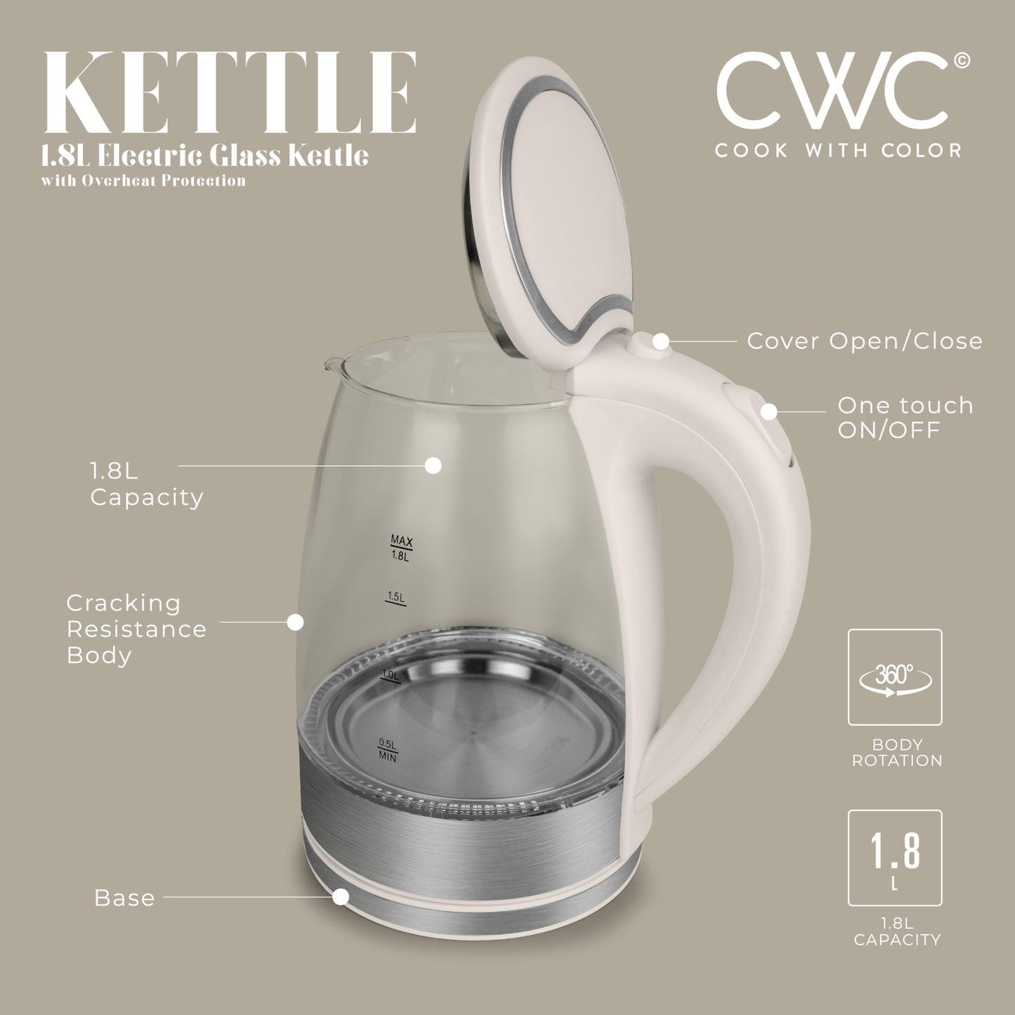 COOK WITH COLOR Electric Tea Kettle, 1.8L Cordless Hot Water Boiler, 1200W Rapid Boil, Auto Shutoff & Boil Dry Protection, BPA-Free, Sleek Countertop Design, Cream