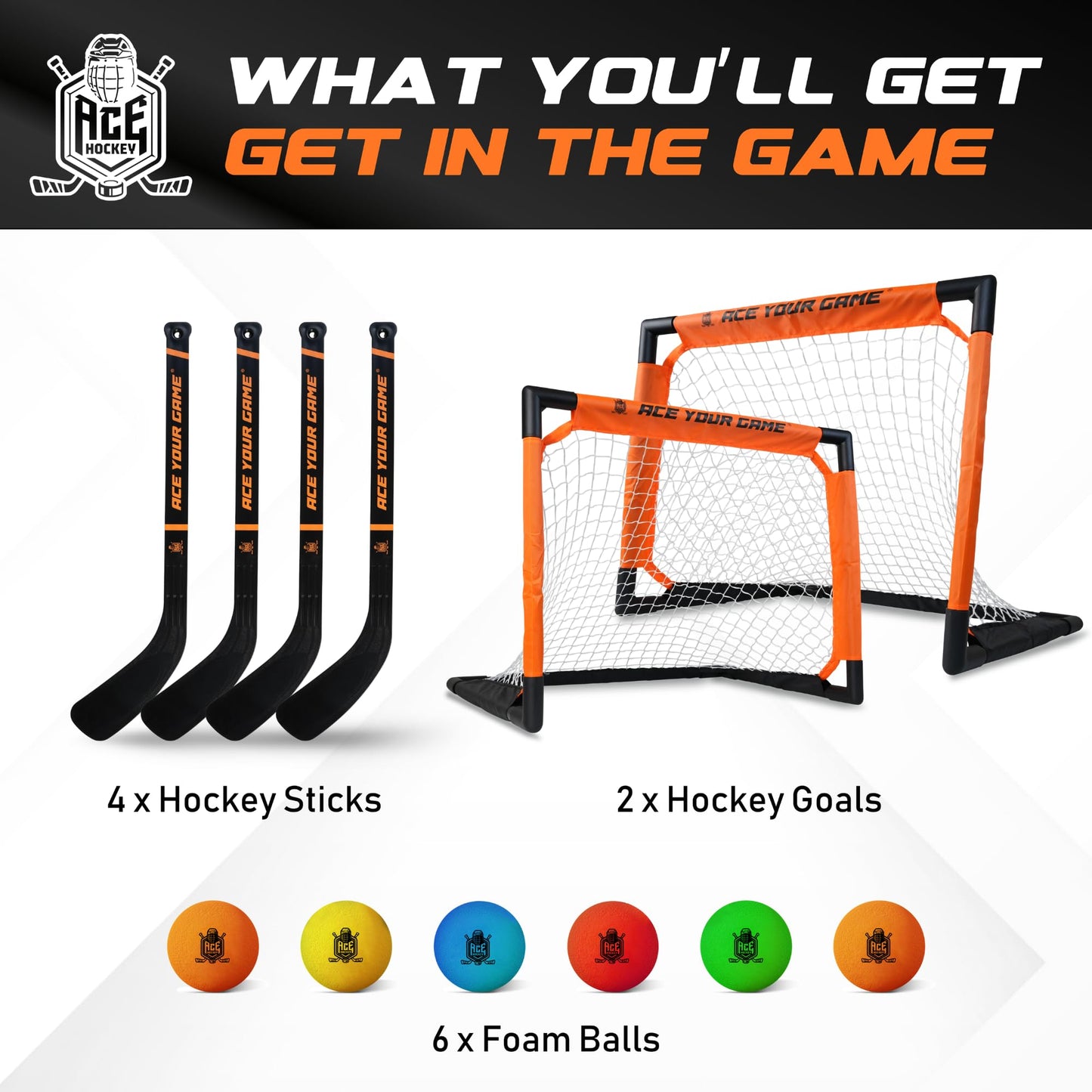 ACE HOCKEY - Mini Knee Hockey Set - Complete 4-Player Indoor/Outdoor Kit - 2 Goals, 4 Sticks, 6 Foam Balls