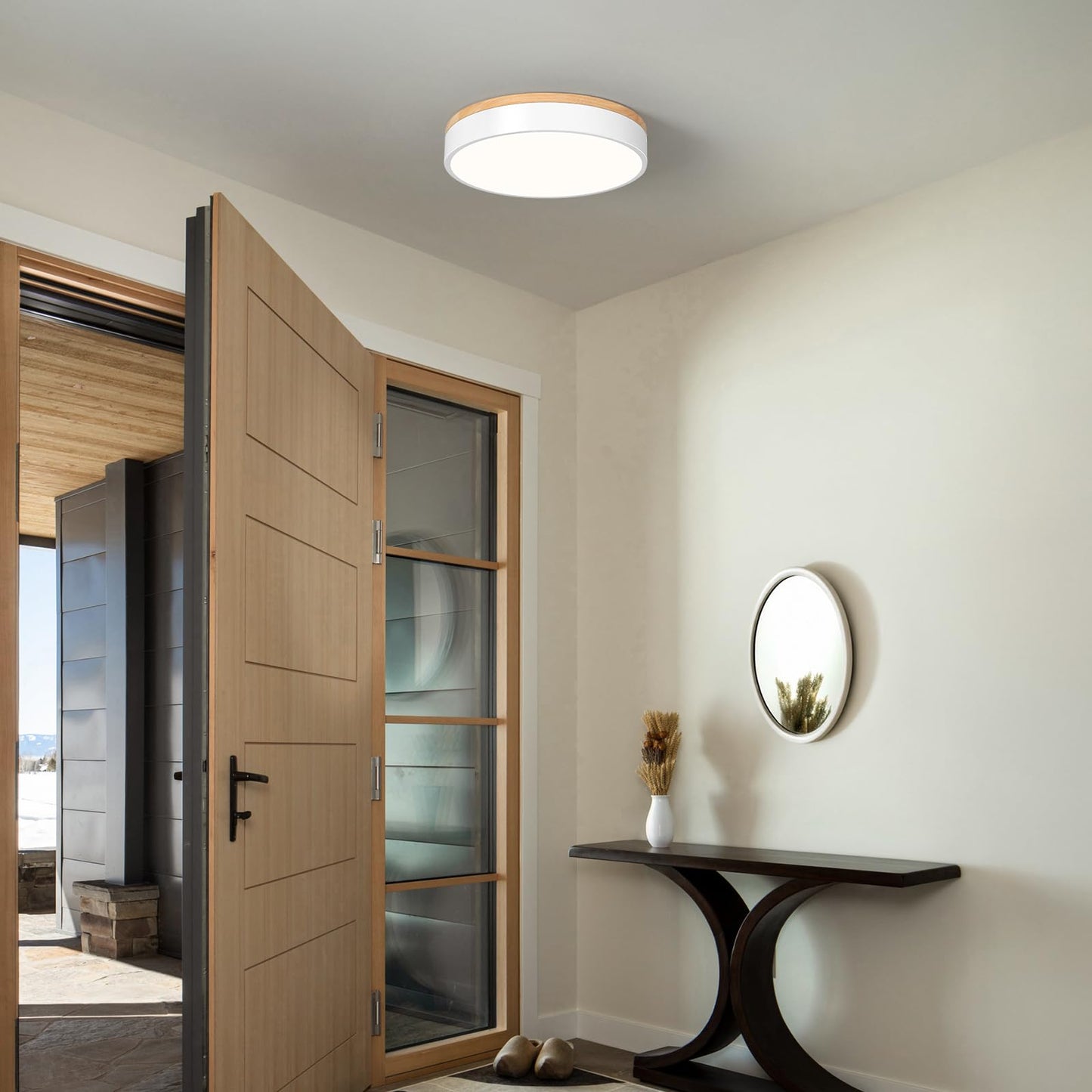 WOKNOS Dimmable Wood Oak Ceiling Light Fixture Modern White LED Flush Mount Ceiling Light 5CCT Minimalist Circle Close to Lighting Fixture for Bedroom Kitchen Bathroom Laundry Room 11.81 Inch