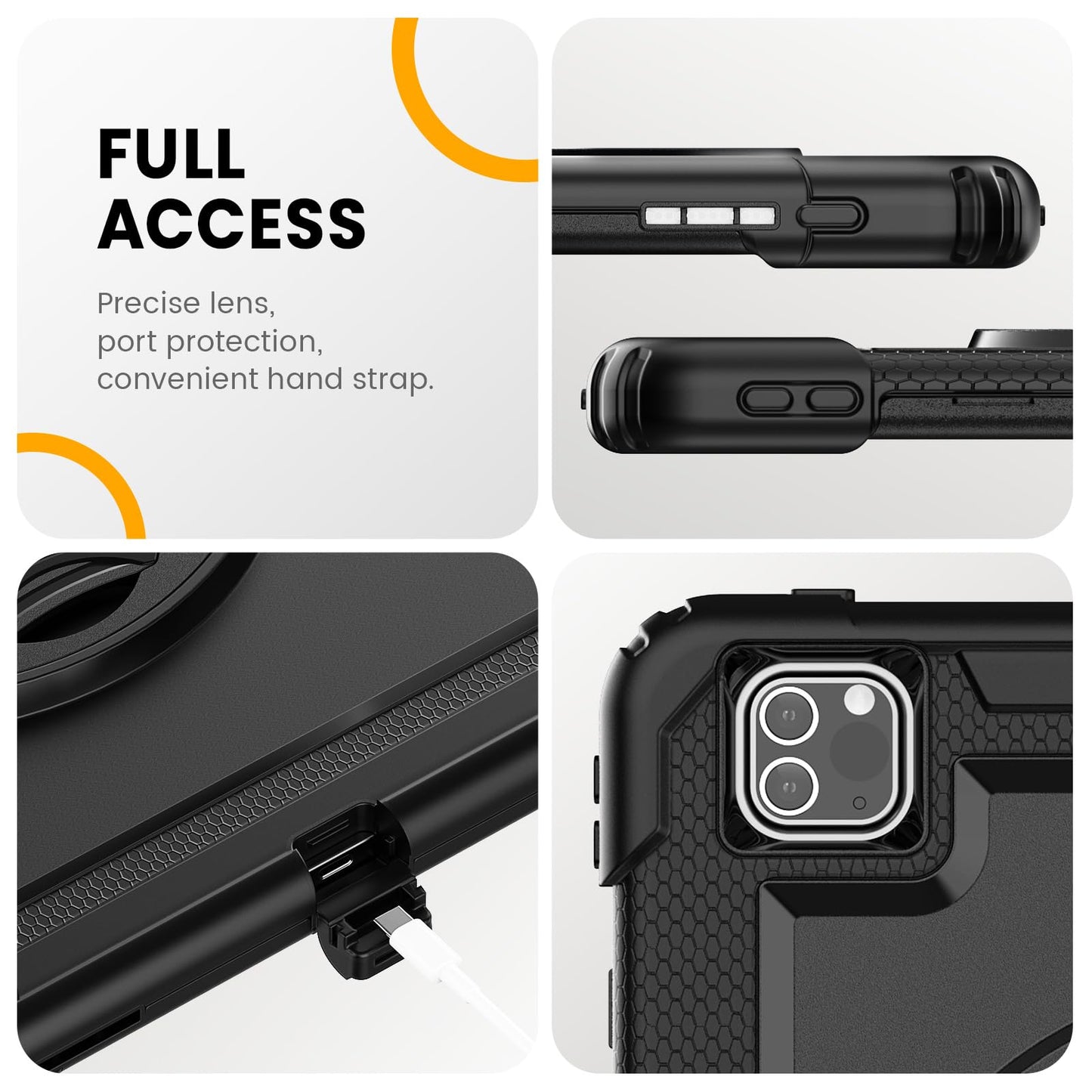 Timecity Protective Case for iPad Pro 12.9 inch 6th/ 5th/ 4th/ 3rd Generation, with Strong Protection, Screen Protector, Hand/Shoulder Strap, Rotating Stand, Pencil Holder - Black