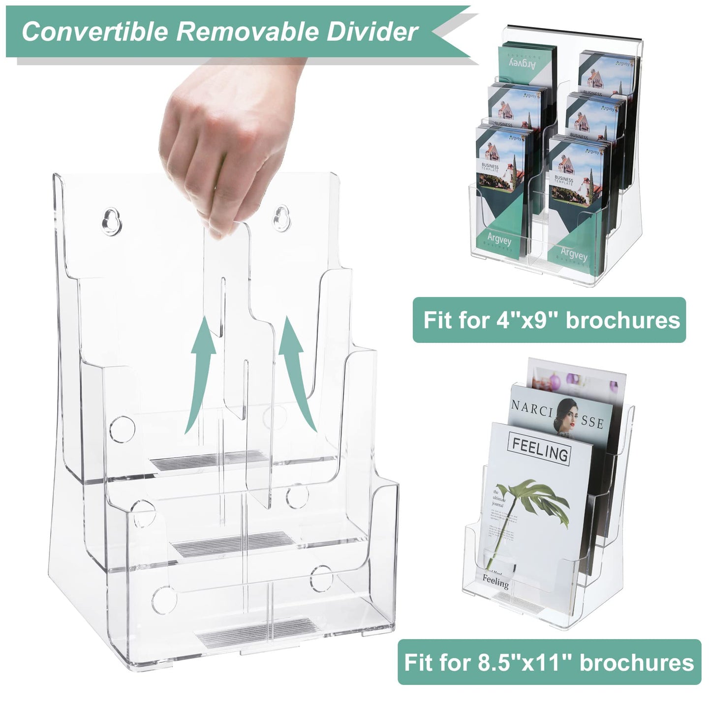 2 Pack Acrylic Brochure Holder 8.5 x 11 inches, 3 Tier Clear Brochure Display Stand with Removable Divider for Trifold 4 Inches Wide Pamphlet, Plastic Flyer Holder for Magazine, Literature, Booklet