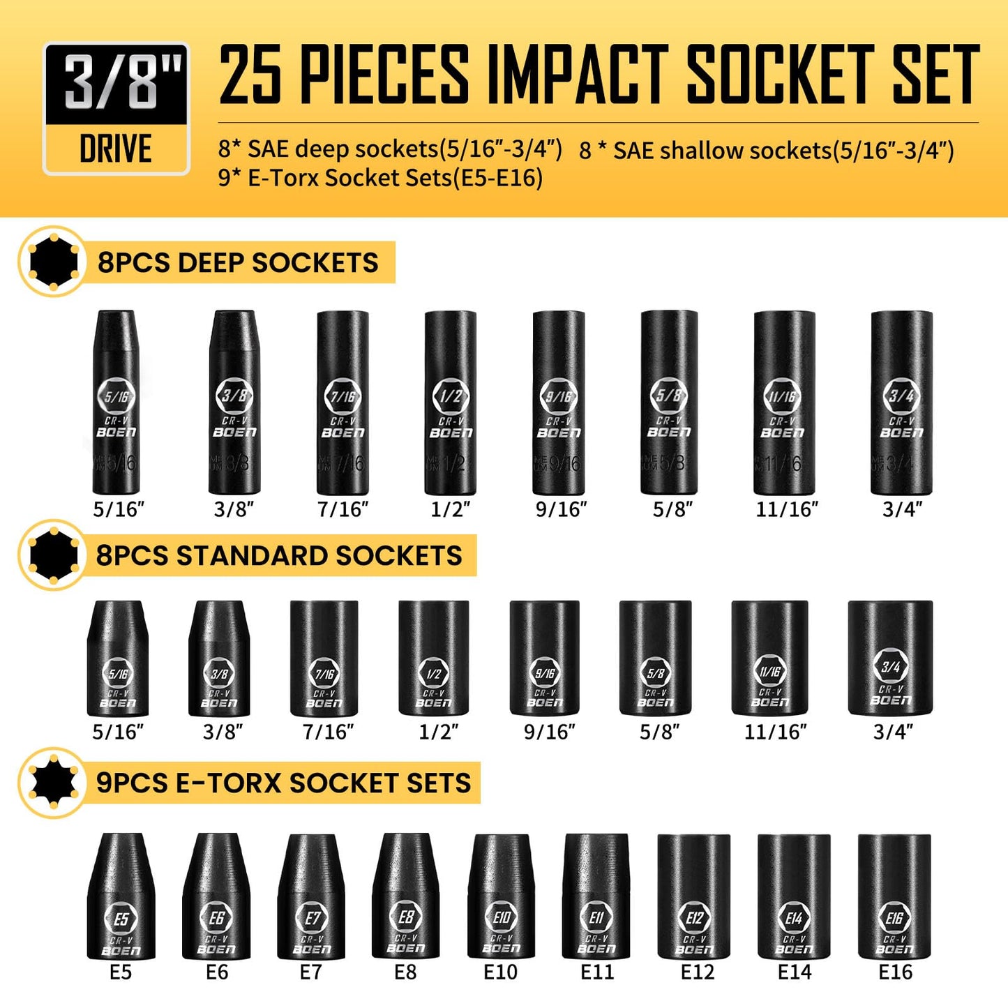 BOEN 3/8" Drive Impact Socket Set, 59-Piece Standard SAE (5/16 to 3/4 inch) and Metric (6-22mm), Include 9-Piece E-Torx Socket Set (E5-E16) 丨Ratchet Handle, Extension Bar, Universal Joint, Adapter