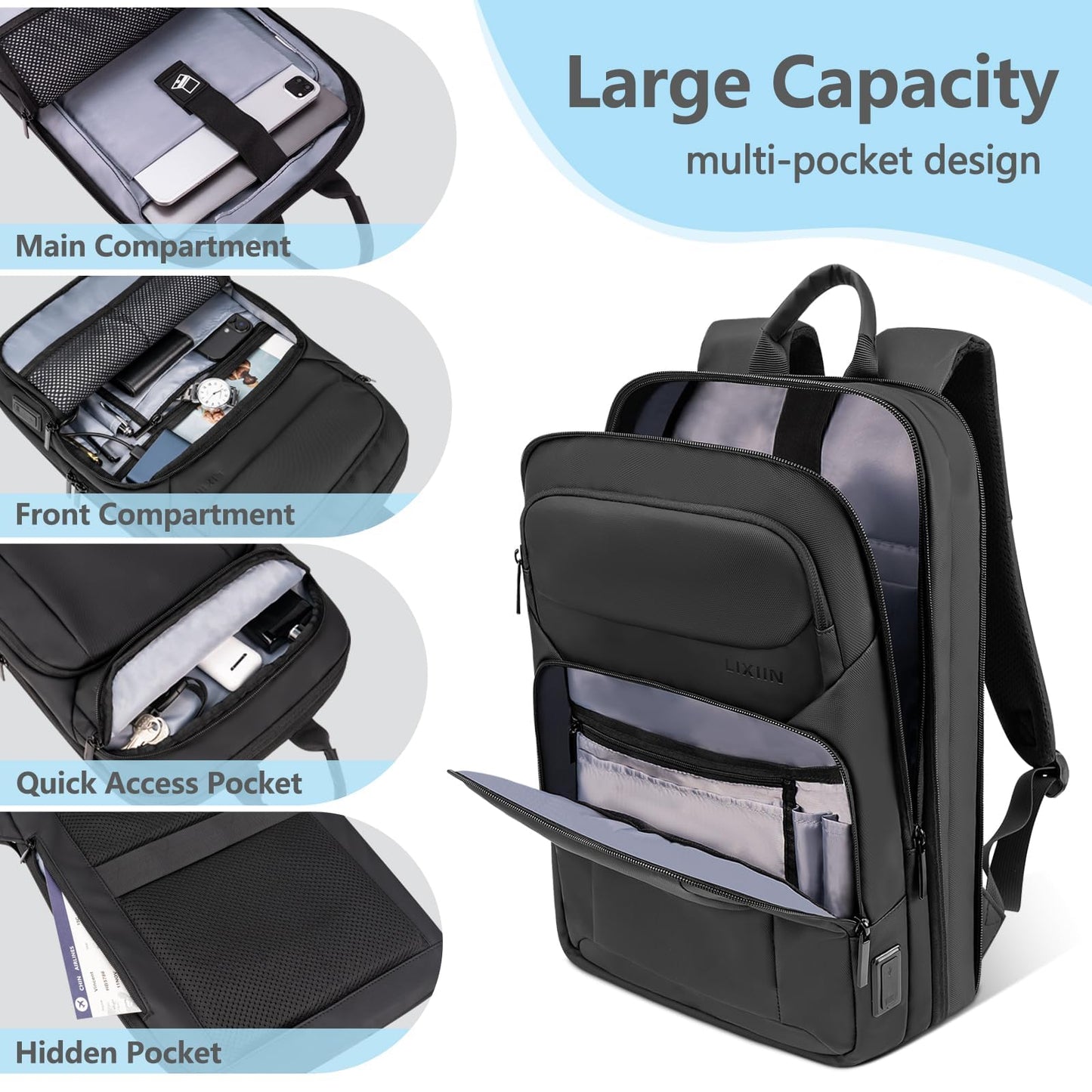 Backpack for Men Slim & Expandable Travel Laptop Backpack with USB Charging Port Water Resistant Anti-Theft Business Backpack Fits 15.6In Laptop for Commute Work College with Small Bag(Business Black)