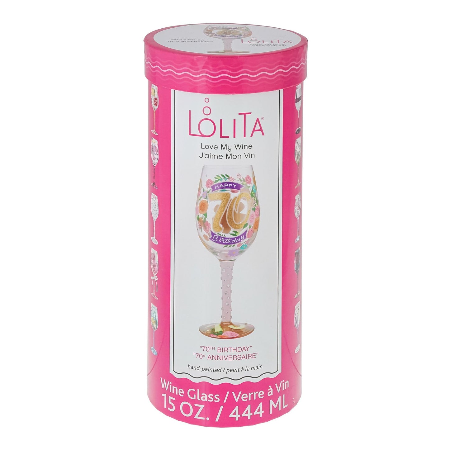 Enesco Designs by Lolita Happy 70th Birthday Hand-Painted Artisan Wine Glass, 15 Ounce, Multicolor