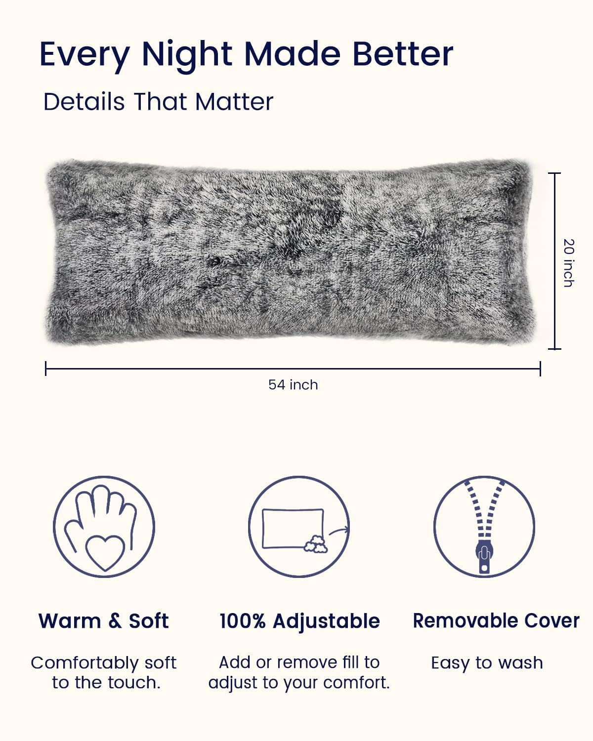 ZonLi Fluffy Body Pillow, Full Body Pillows for Adults, Long Pillow for Sleeping with Removable Cover and Adjustable Filling for Side Sleeper & Pregnancy，Large and Firm Pillow, Machine Washable(Grey)