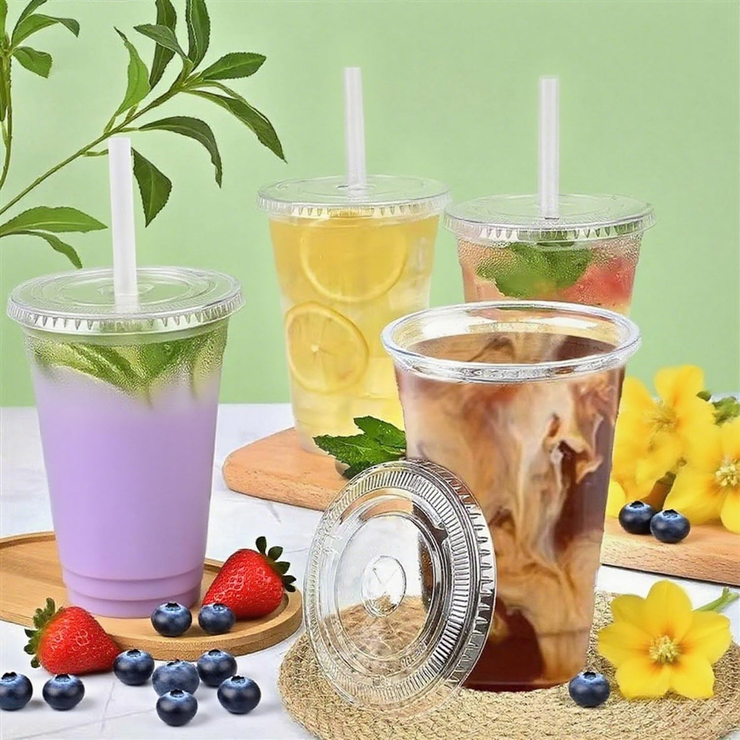 [100 SETS] 32 oz Cups with lids, Plastic cups with lids and straws, iced coffee cup, suitable for takeout iced coffee cold drinks, smoothies, juices, parfaits, Frappuccinos, and milkshakes.