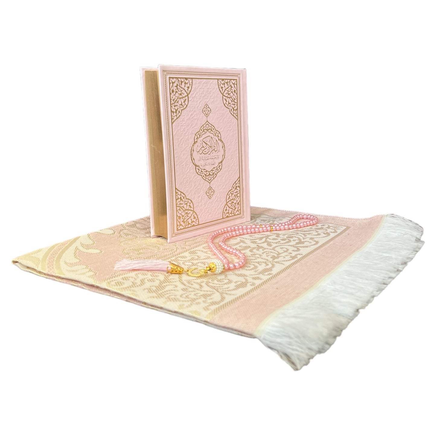 English Translate Thermo Leather Covered Quran, Tafta Prayer Mat and Beads Set |Quran Size:8x5.5x1.2 İnch/20x14x3cm | Muslim Prayer Mat | Great Ramadan Gifts for Muslim Men,Women (Pink, 1 Sets)