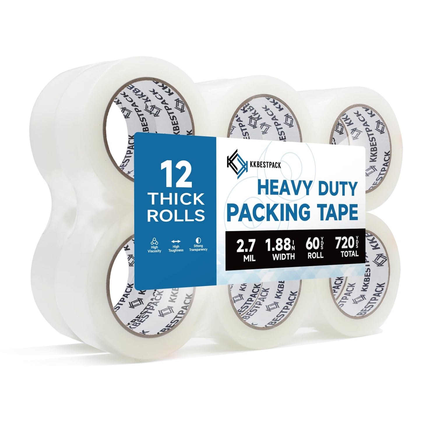 KKBESTPACK Heavy Duty Packing Tape, 12 Rolls – 1.88" x 60 Yards – Clear Shipping & Packaging Tape for Moving Boxes & Storage