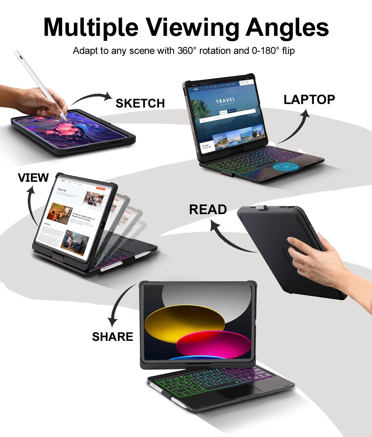 Baisla iPad 10th Generation Case with Keyboard 10.9" & iPad 11th (A16) & iPad Air 11 (M3/M2), Multi Trackpad, 360 Swivel & Rainbow Backlit for iPad Air 5th/4th,iPad Pro 11 4th/3rd/2nd/1st - Black