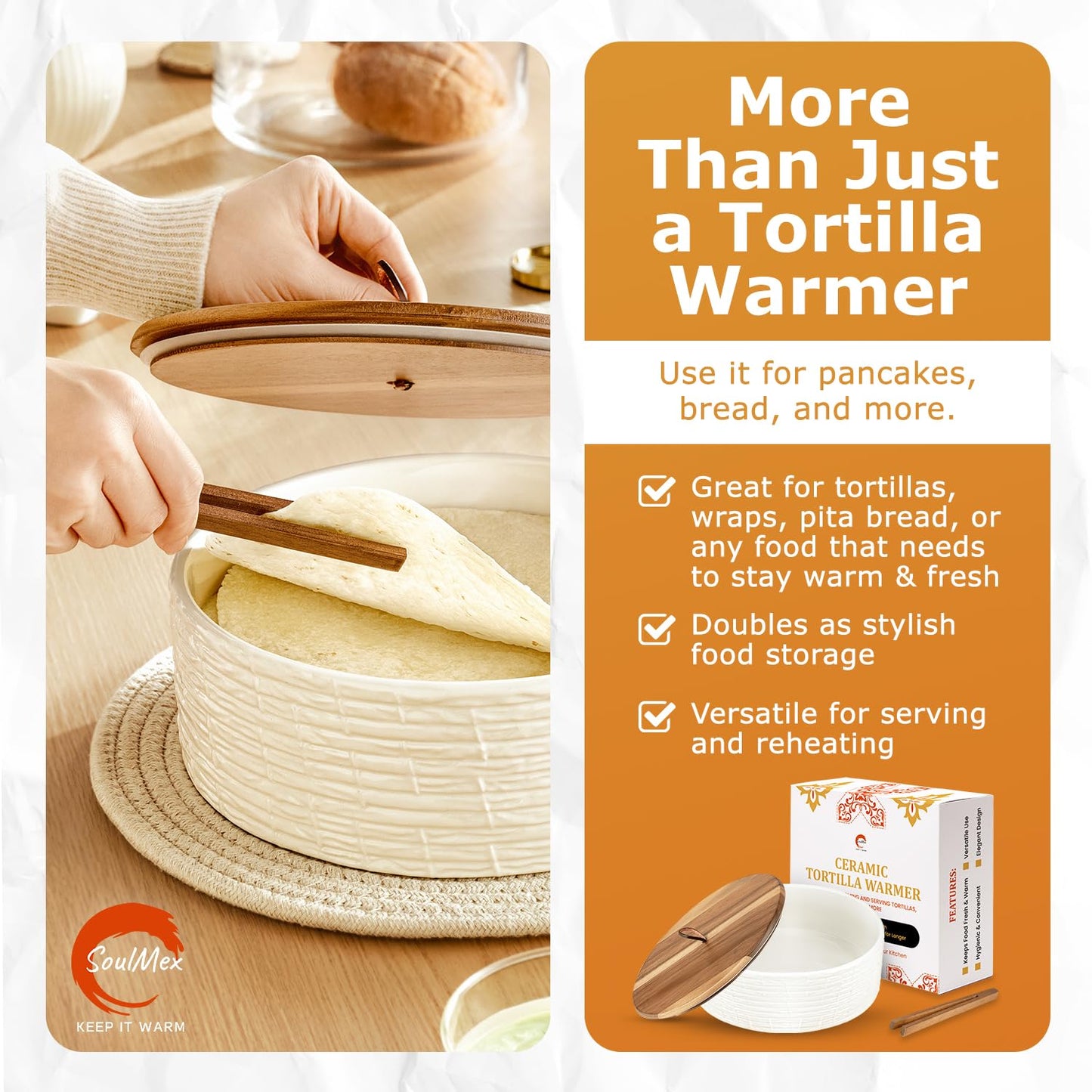 Ceramic Tortilla Warmer with Airtight Wooden Lid – 8.8 Inch Tortilla Holder, Insulated Bread Pancake Warmer, Authentic Tortillero for Tortillas, Pancakes, Roti – Large Tortilla Container