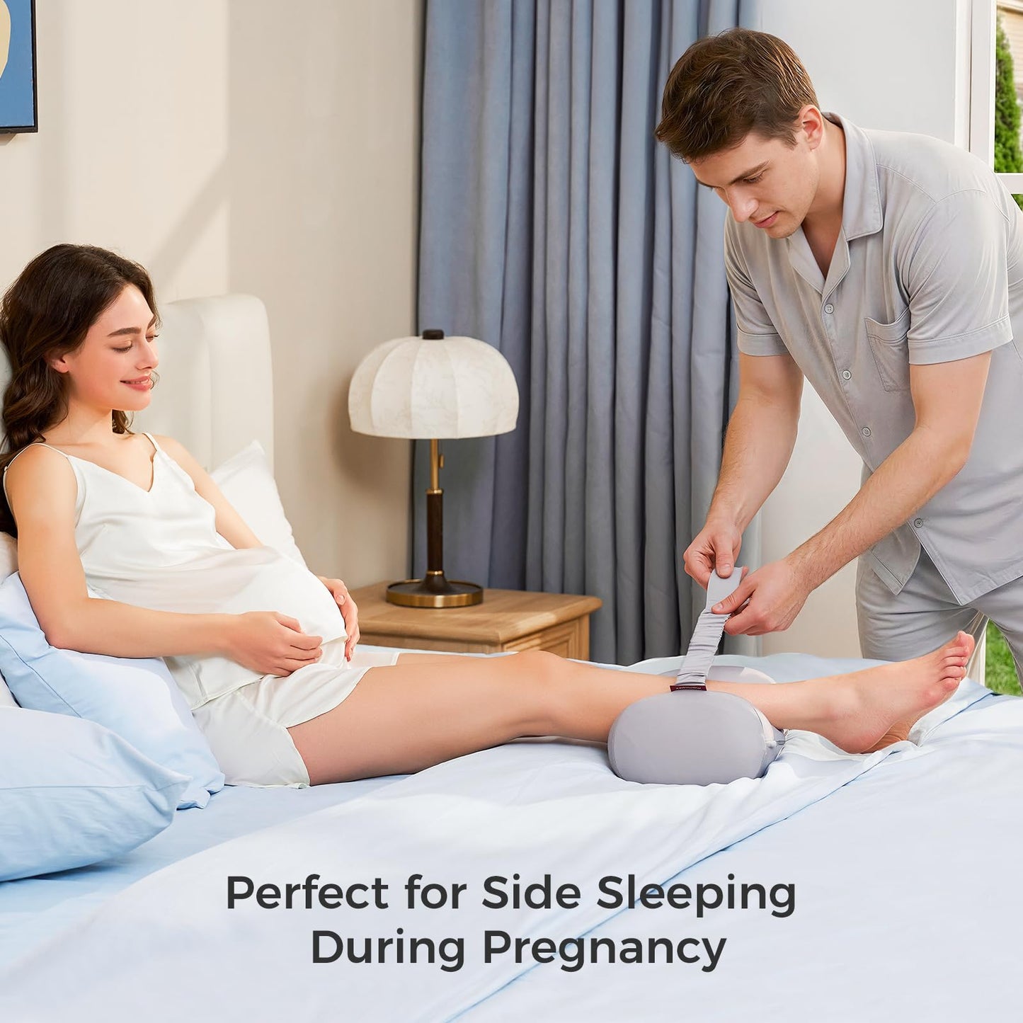 Momcozy Knee Pillow for Side Sleepers, Soft Memory Foam & Pinch-Free Design, Relieve Knee, Leg and Sciatica Pain, Adjustable Elastic Strap Ideal for Pregnant Women and Seniors, Cooling Cover, Gray