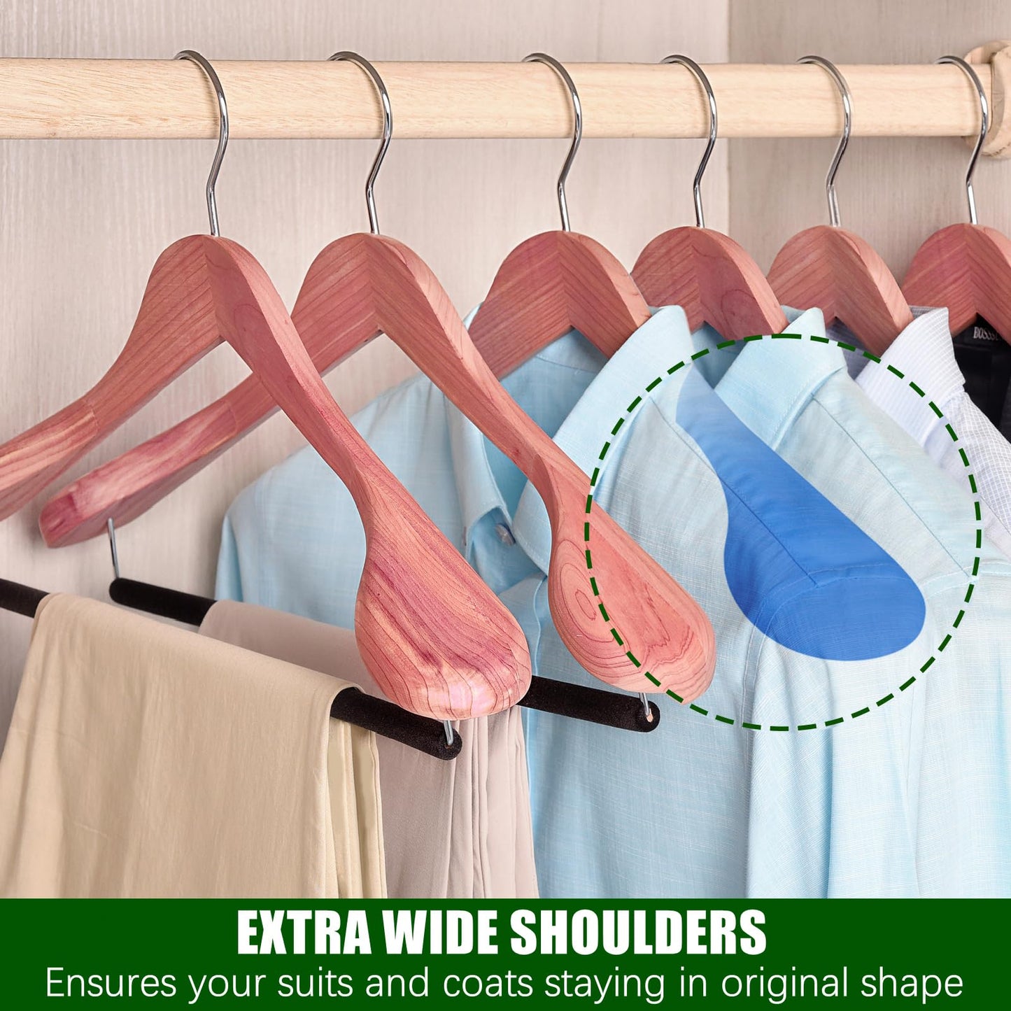 Amber Home 5 Pack American Red Cedar Wood Coat, Suit Hangers with Extra Wide Shoulder, Wooden Jacket Clothes Hanger Smooth Deluxe Aromatic Natural Cedar with Non Slip Velvet Pant Bar