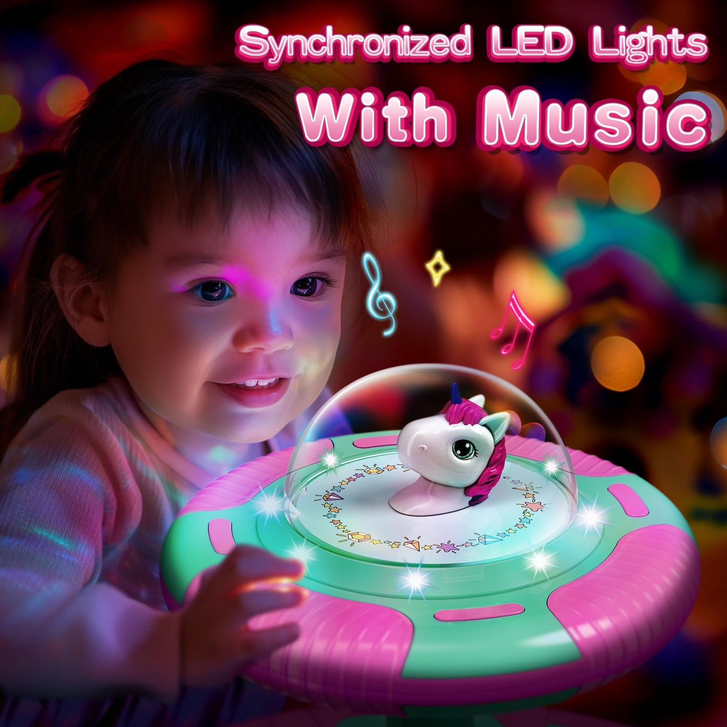 RMOKA Unicorn Sit and Spin Toy for Toddlers Girls Ages 1-3 2-4, Birthday Gift for 2 3 4 Years Old Girl, 360° Spin Seat Kids Indoor Interactive Sensory Toy with LED & Music