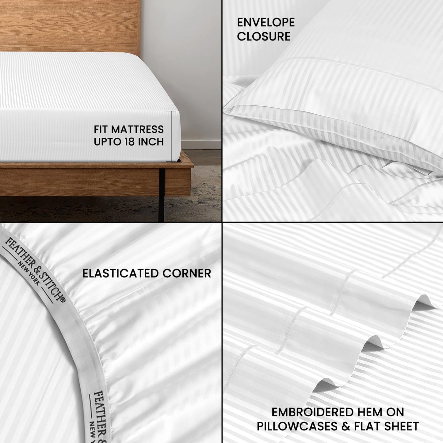 Feather & Stitch 500 TC King Size Damask Bed Sheet Set, 100% Cotton Soft Breathable Bedsheets, 4 Piece 18" Deep Pockets Sateen Weave Striped Bedding Mattress Resort Hotel Luxury- (Stripe White, King)
