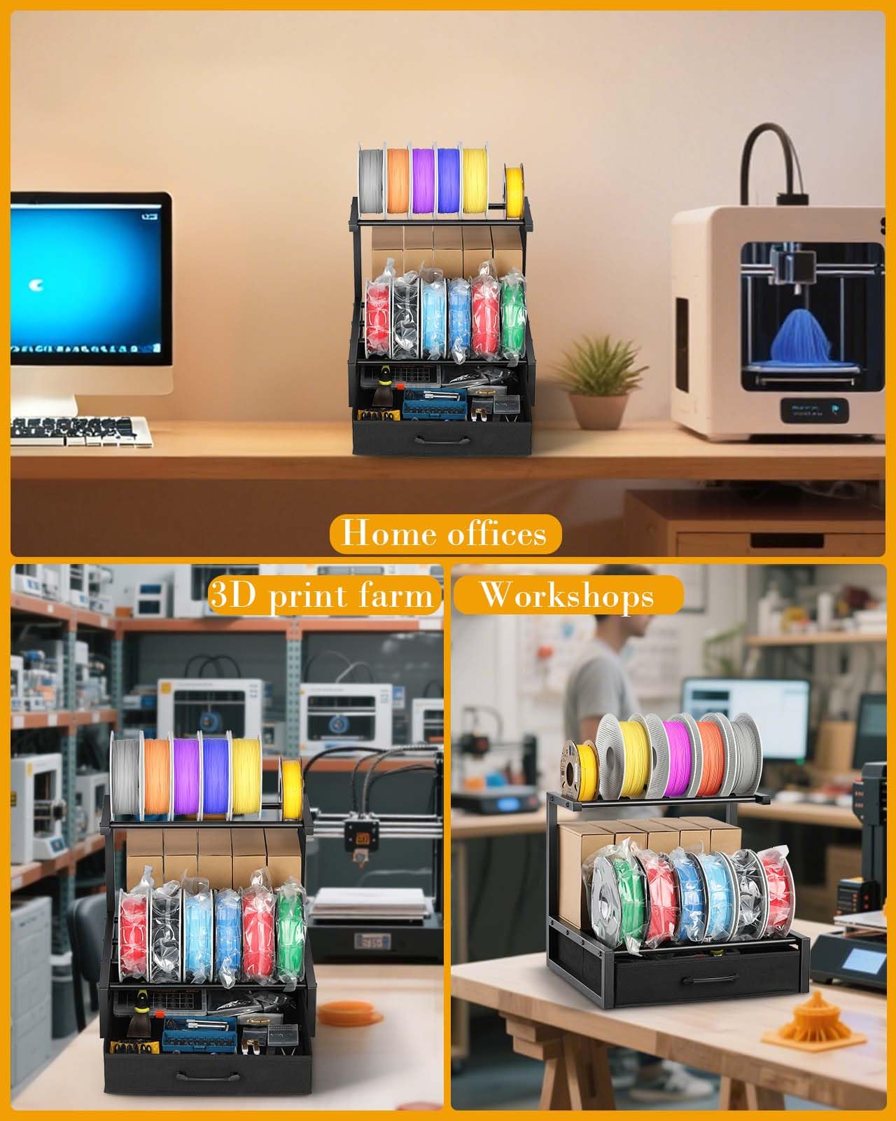 2-Tier Desktop Filament Storage Rack with Fabric Drawer - 3D Printer Filament Spools Holder Shelf for PLA/ABS/TPU Filaments, Tabletop Organizer for Home Office, Workshop Studio (Black Double Row)