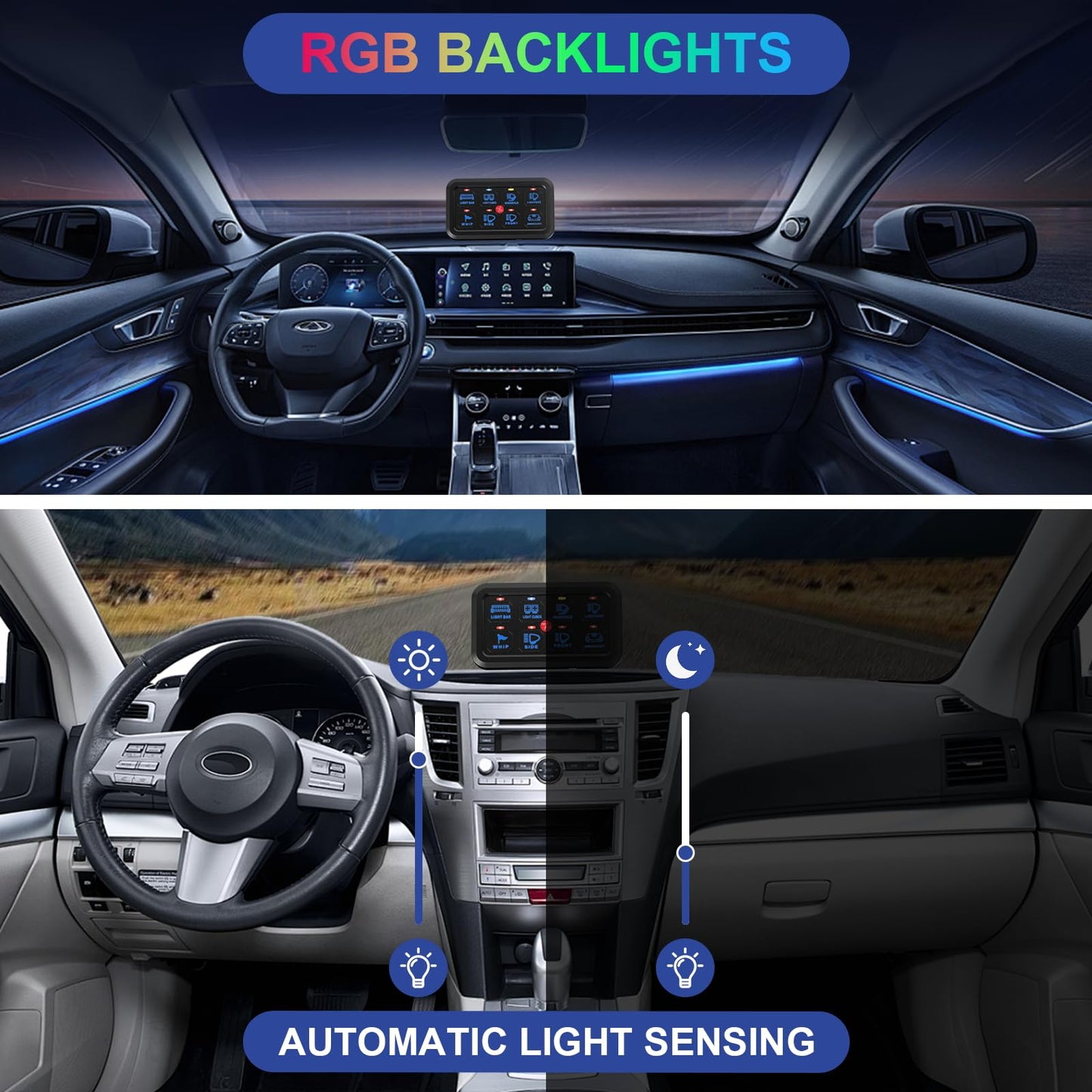 8 Gang Switch Panel Control Panel, RGB Toggle Momentary Pulsed with Auto Dimmable Universal Auxillary Switch Panel Circuit Control Relay Box for Car Pickup Truck Jeep Boat UTV ATV Waterproof