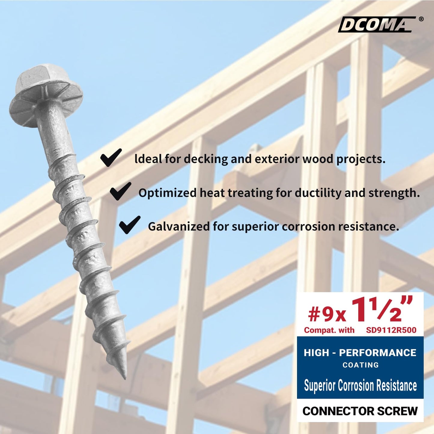 DCOMA SD Connector Screws, #9 x 1-1/2" Heavy-Duty Joist Hanger Screws, 1/4" Hex Head with 0.370"-Dia, Replace 10D Nails, Prem-Galvanized, Highly Corrosion, Deformation, and Wear-Resistant. (500-Qty)
