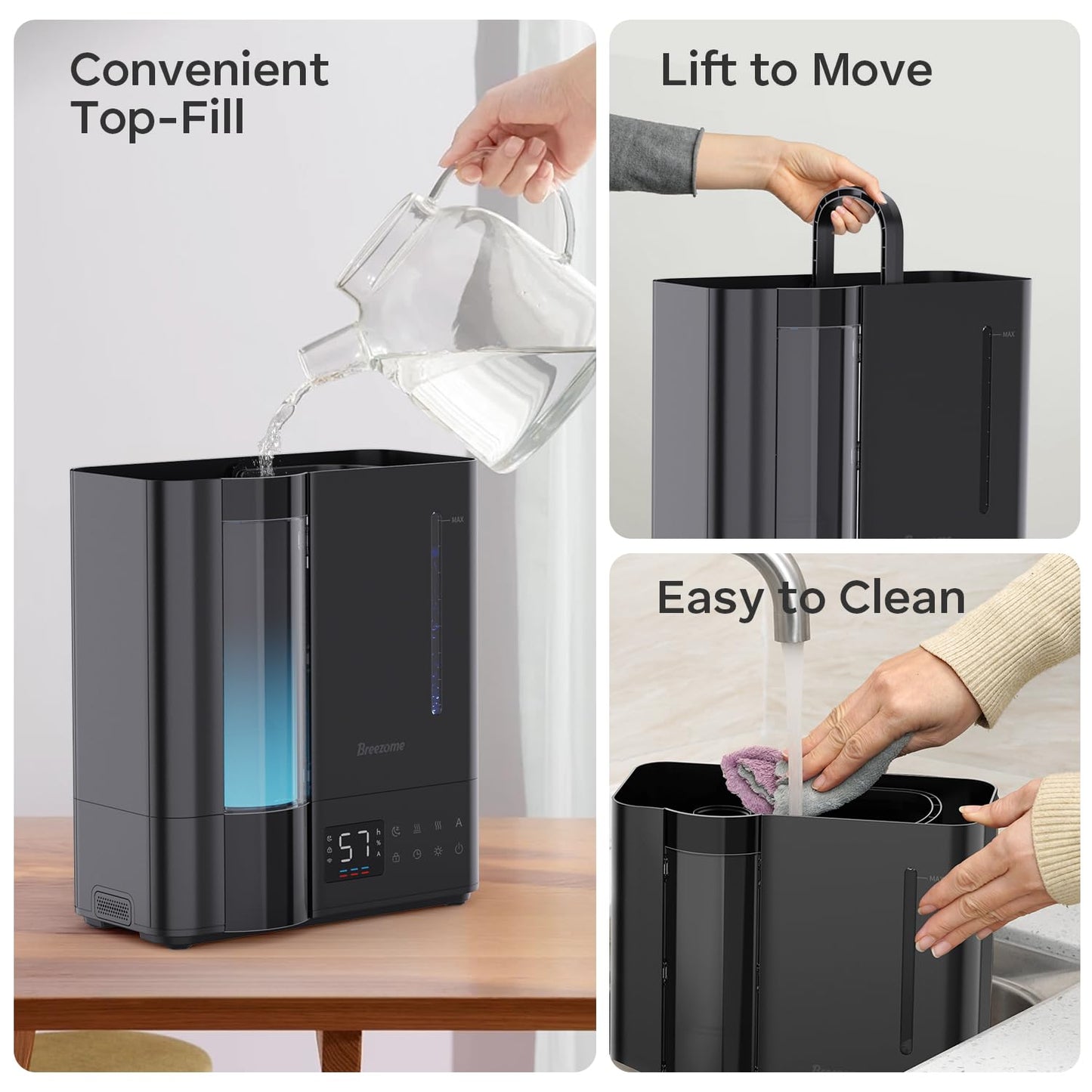 BREEZOME 8L Humidifiers for Bedroom, Warm & Cool Mist for Large Room Home, Top Fill Ultrasonic Humidifier, Humidity Sensor, Essential Oil, 60H Runtime, Quiet for Baby, Plants, Fast Relief