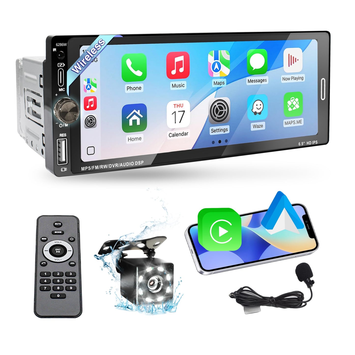 6.9 in Wireless Carplay Single Din Car Stereo, HD IPS Touchscreen Car Radio, Car Stereo with Bluetooth 5.0,Mirror Link,FM,EQ,USB/Type-C,MIC, Weatherproof Night Version Backup Camera, Android Auto