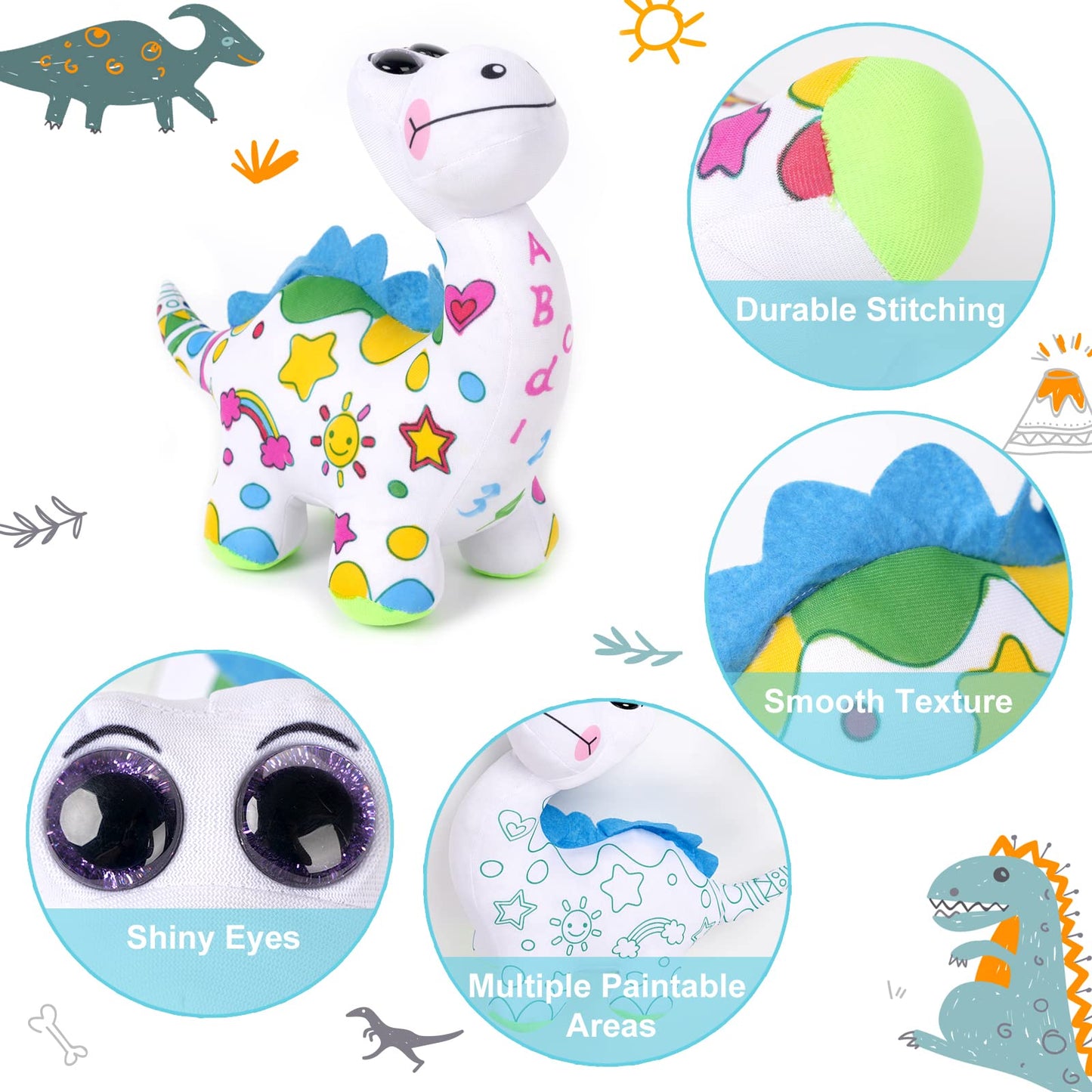 DIY Coloring Plush Toy with Washable Markers, Scribble Pets Stuffed Animal, Doodle Dolls Art Toy for Boys and Girls Ages 3-8, Birthday Gift (Dinosaur)