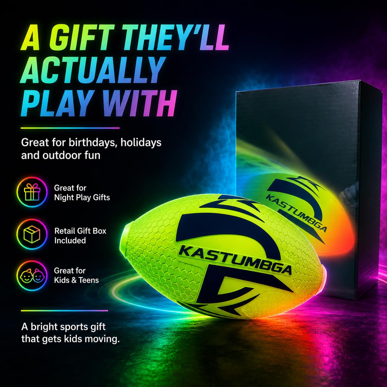 Rechargeable Light Up Football for Kids, Glow in The Dark Football with 7 RGB LED Modes, 8.3-Inch Soft Foam Youth Size for Backyard Night Play, Sports Gifts for Boys 8-12 and 10 Year Old Boys