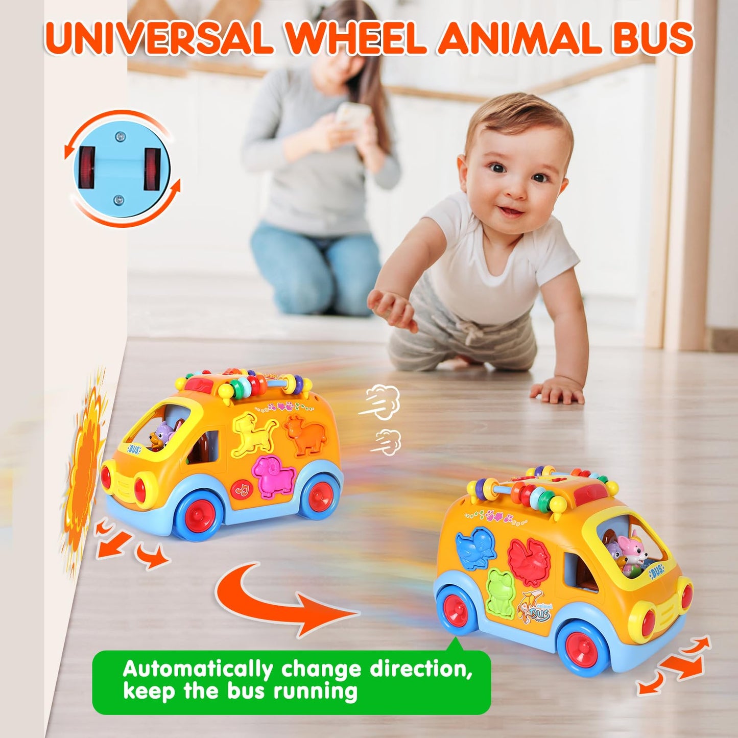 Toy Cars for 1 Year Old Boys Baby Toys 12-18 Months Musical Learning Toys for Toddlers 1-3 Educational Bus with Animal Blocks Birthday Gift