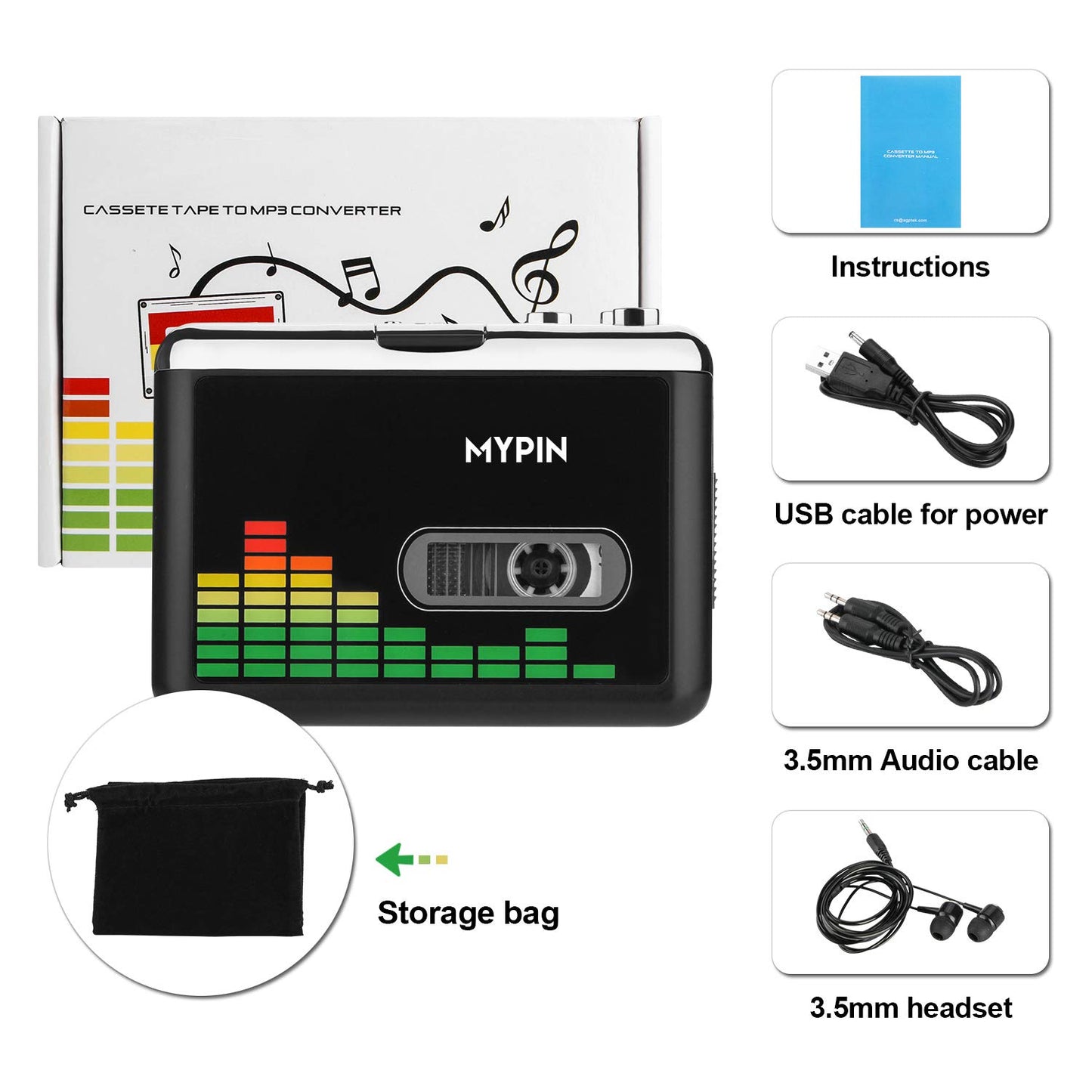 USB Cassette to MP3 Converter, Portable Walkman Cassette Audio Music Player Tape-to-MP3 Converter with Earphones, Volume Control, Auto Reverse, No PC Required